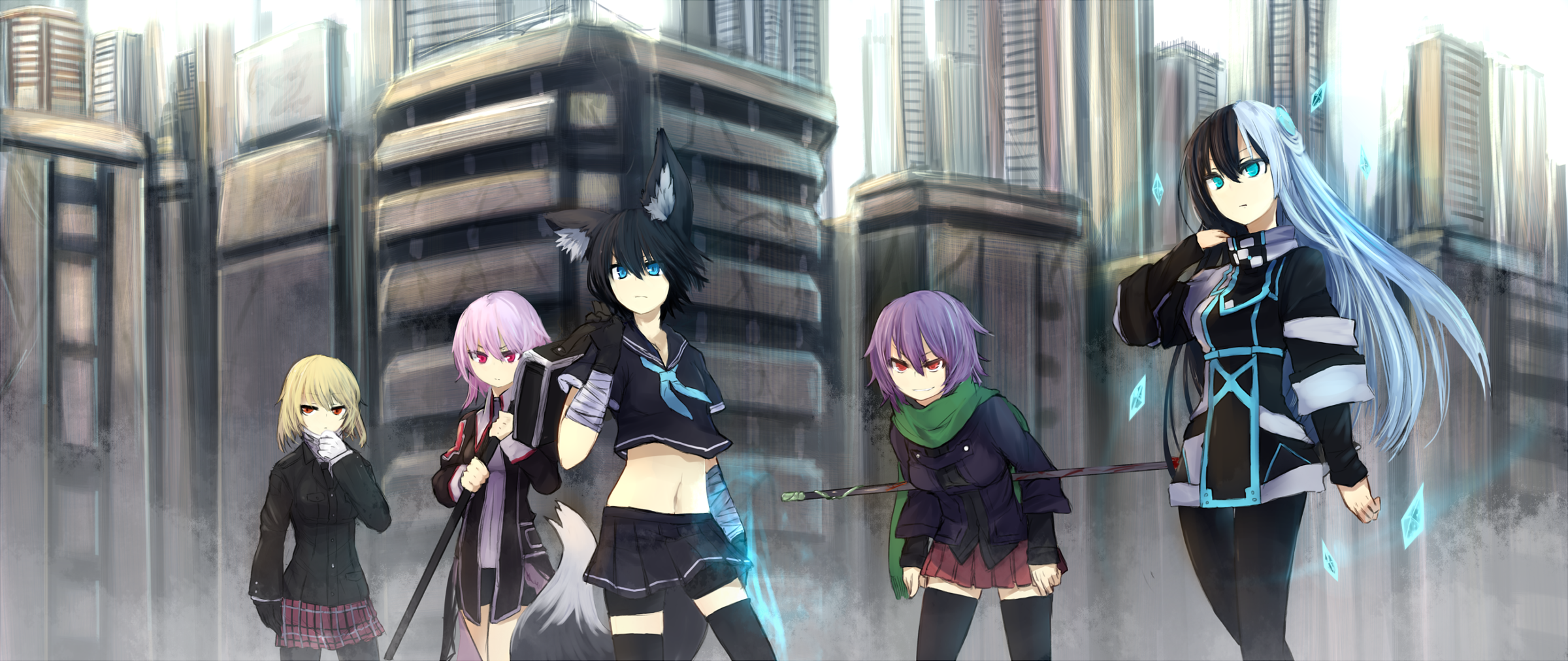 Anime girls with animal ears in a futuristic city HD Wallpaper