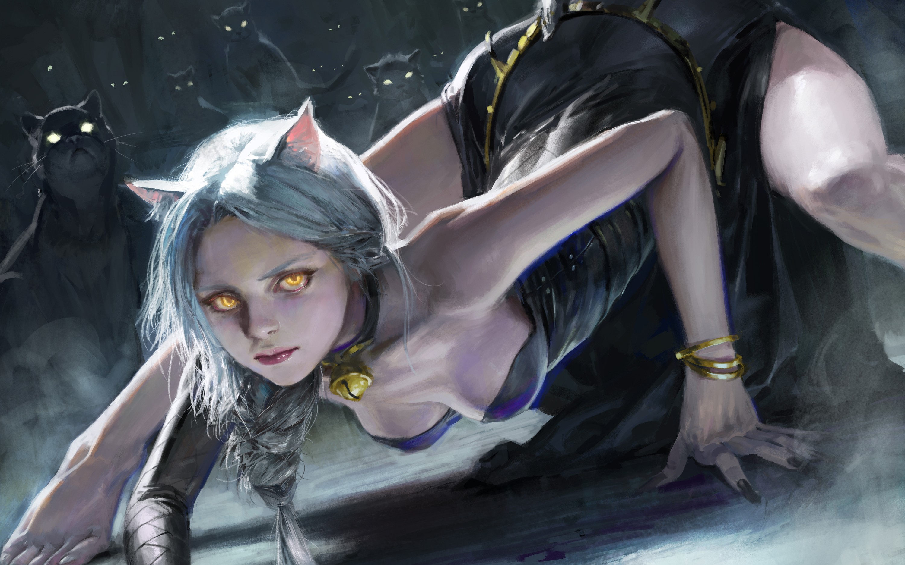 Nekomimi girl with yellow eyes and black cats HD Wallpaper