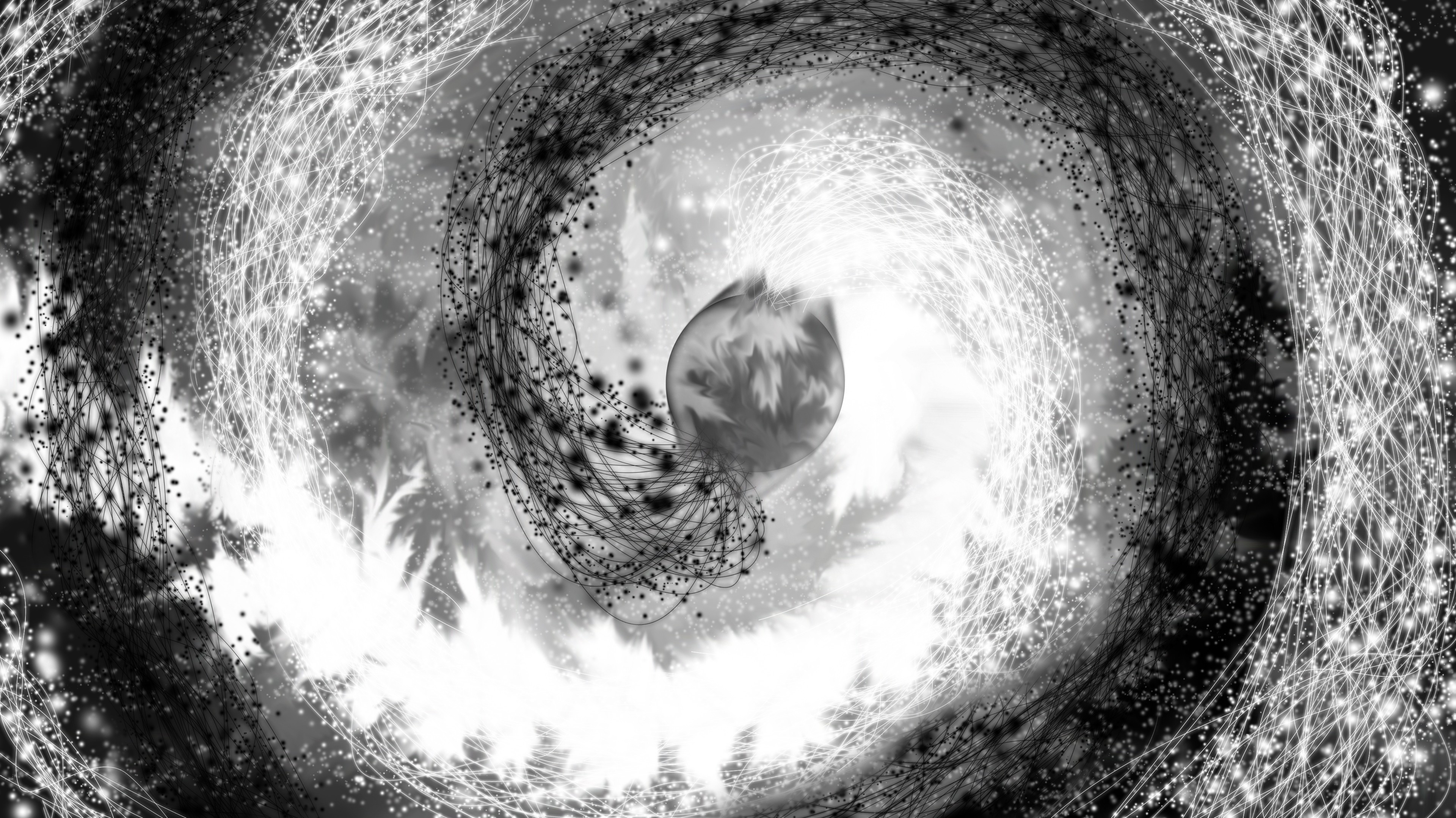 Abstract black and white swirling galaxy with a planet HD Wallpaper
