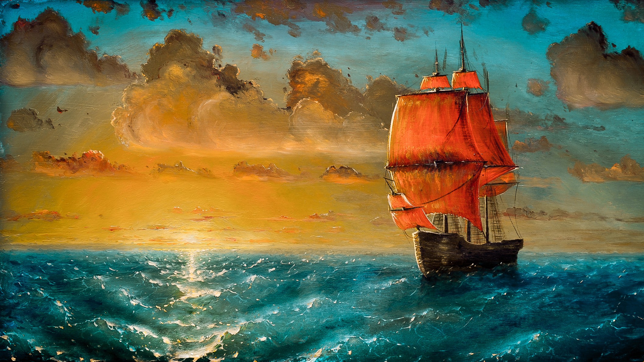 Sailing Ship with Red Sails at Sunset HD Wallpaper