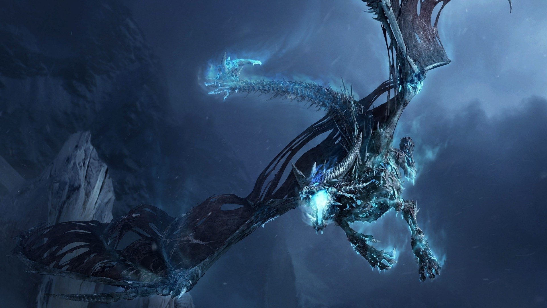 A blue ice dragon with glowing eyes flying HD Wallpaper