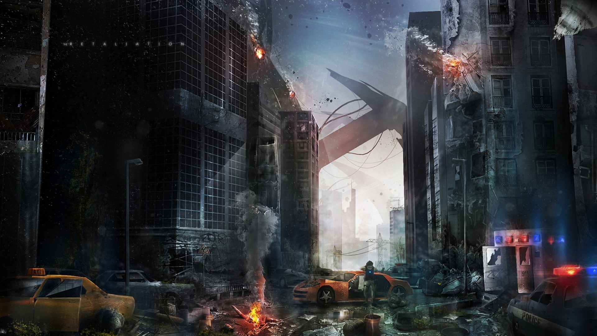 Apocalyptic Cityscape with War-Torn Buildings and Vehicles HD Wallpaper