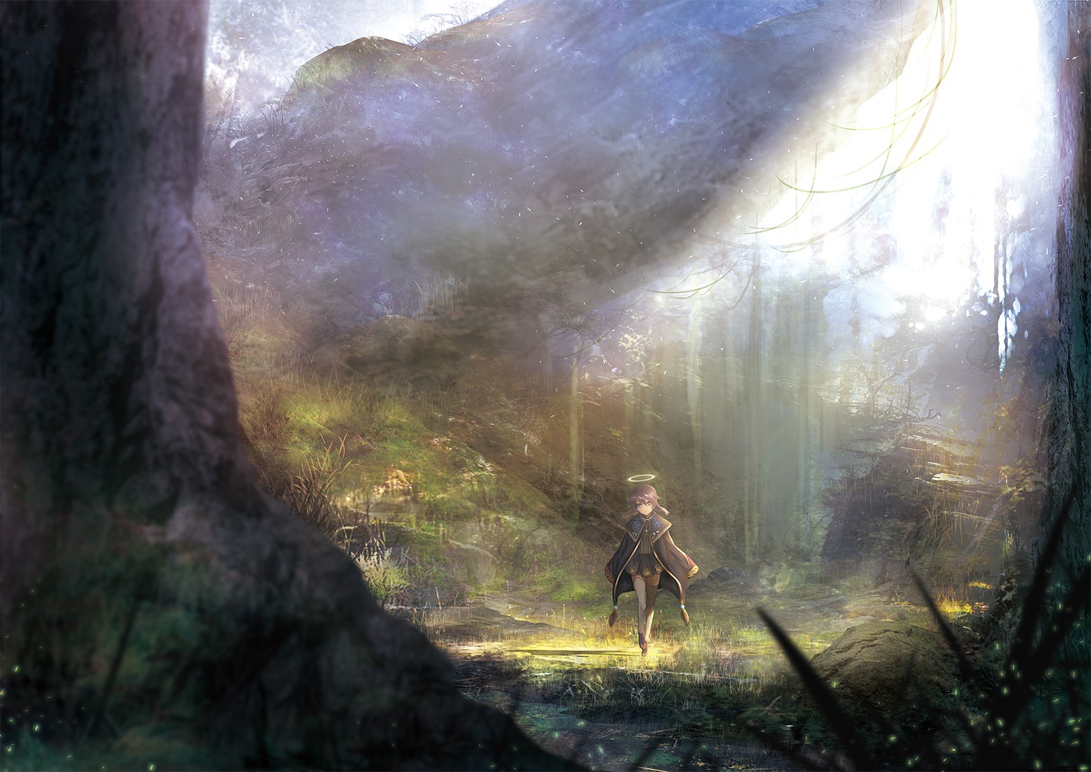 A girl with a halo walks through a sunlit forest HD Wallpaper