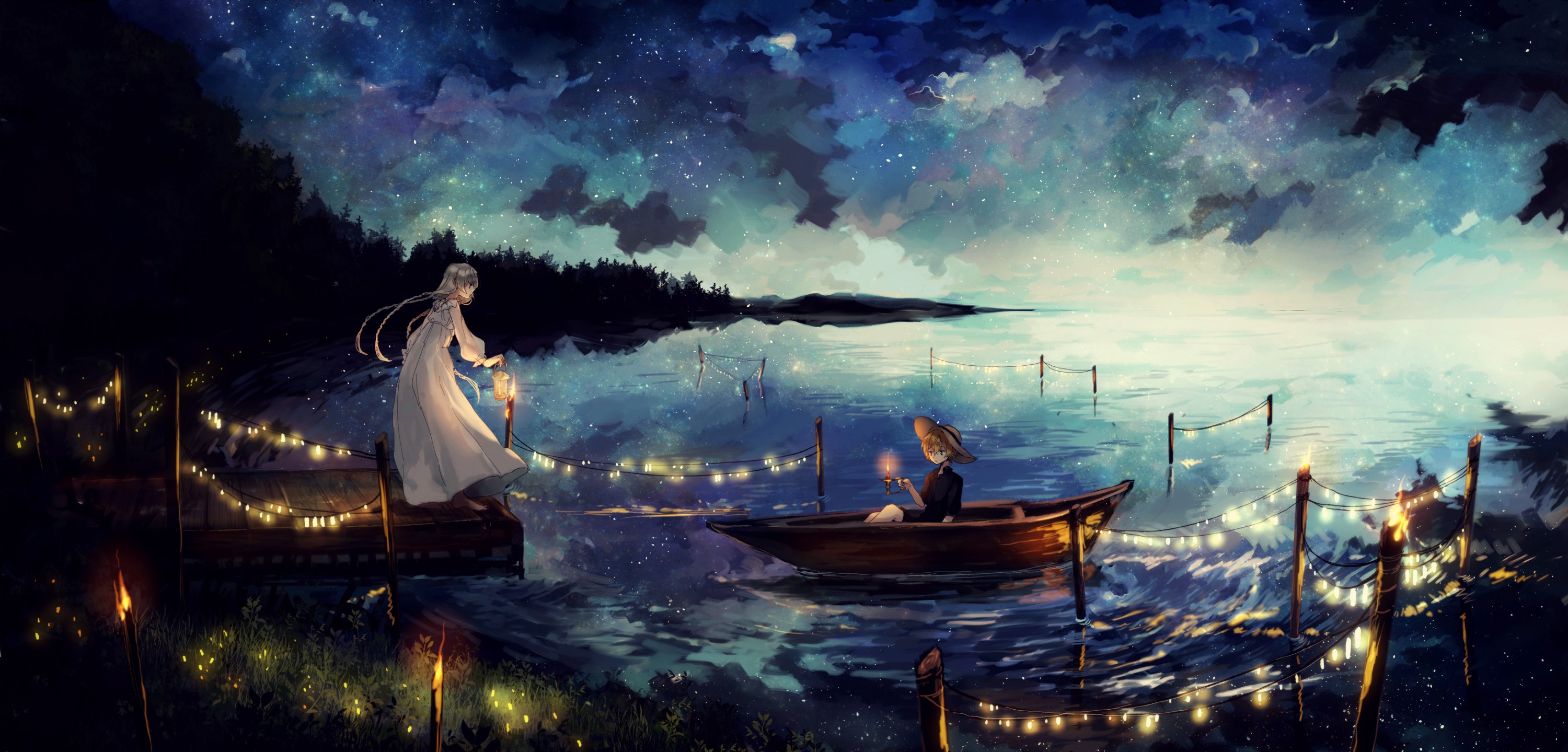 Two figures with lanterns by a starry lake HD Wallpaper