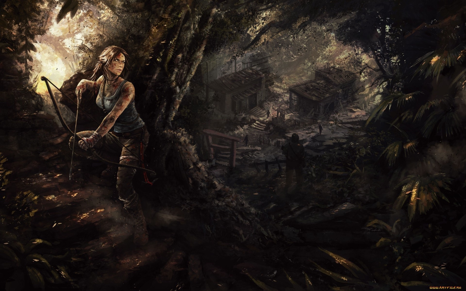 Lara Croft with bow in a jungle village HD Wallpaper