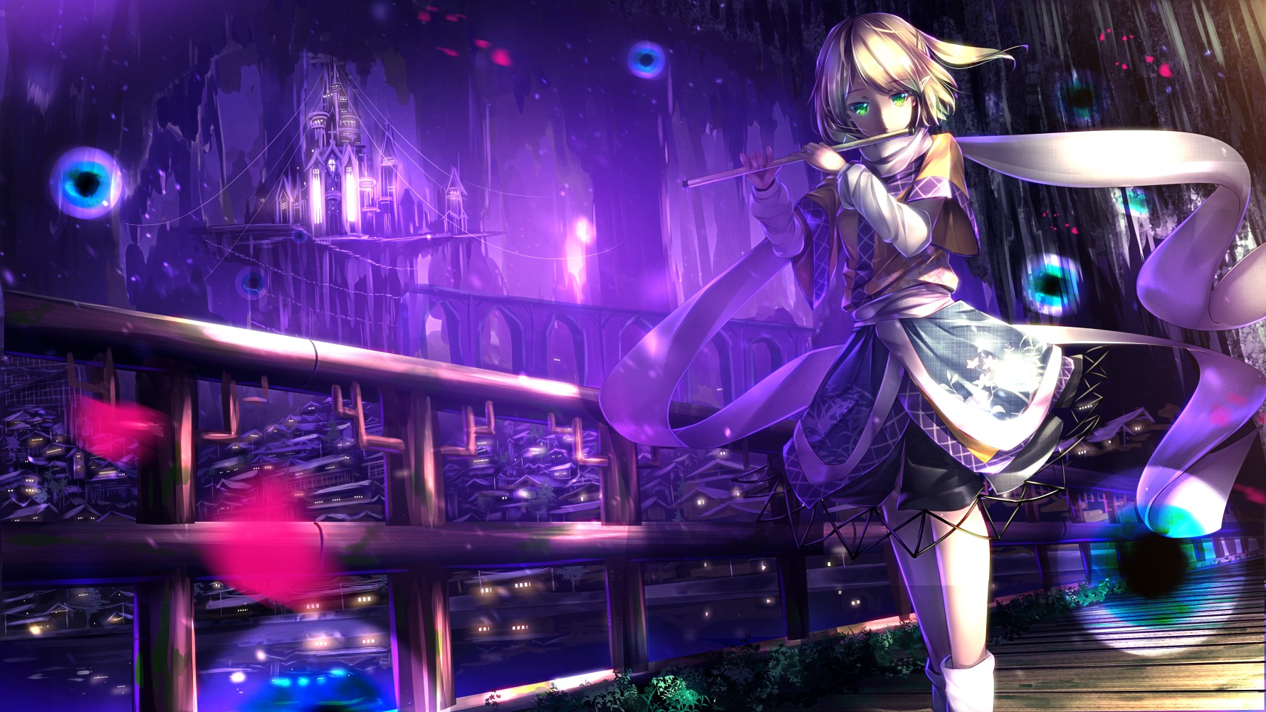 Mizuhashi Parsee playing flute in a fantasy city HD Wallpaper