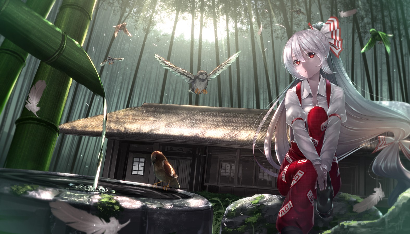Fujiwara no Mokou in a bamboo forest with birds HD Wallpaper