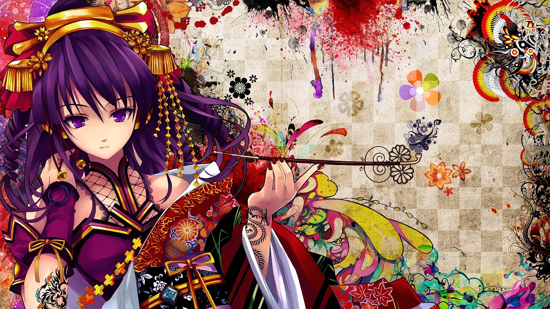 Anime girl with purple hair in traditional clothing HD Wallpaper