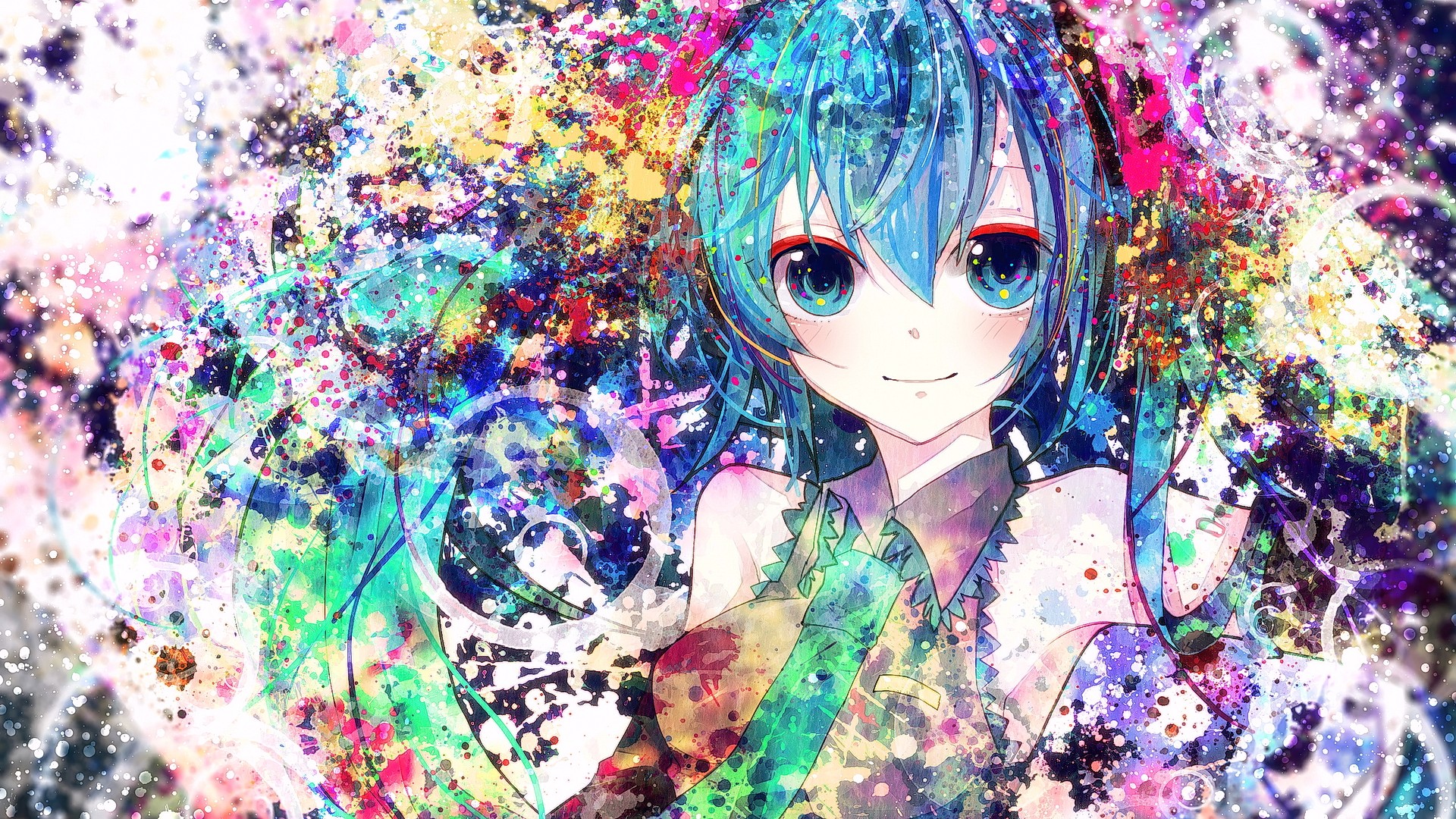 Hatsune Miku with Aqua Hair in Colorful Splatter Art HD Wallpaper