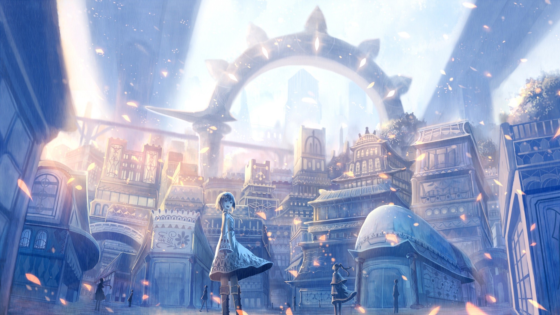 Anime girl in a fantastical city with an archway HD Wallpaper