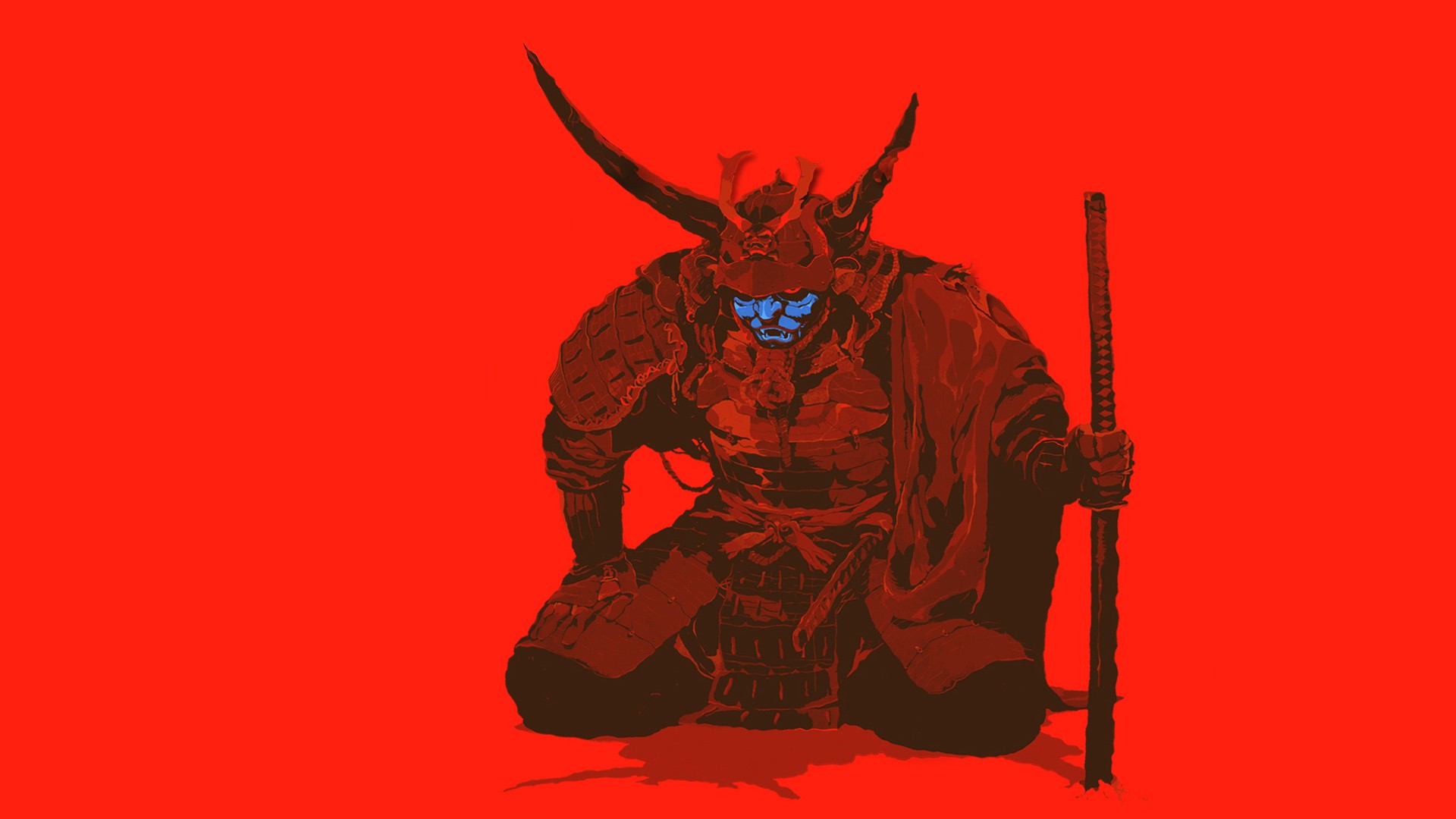 Samurai warrior with blue face and sword HD Wallpaper