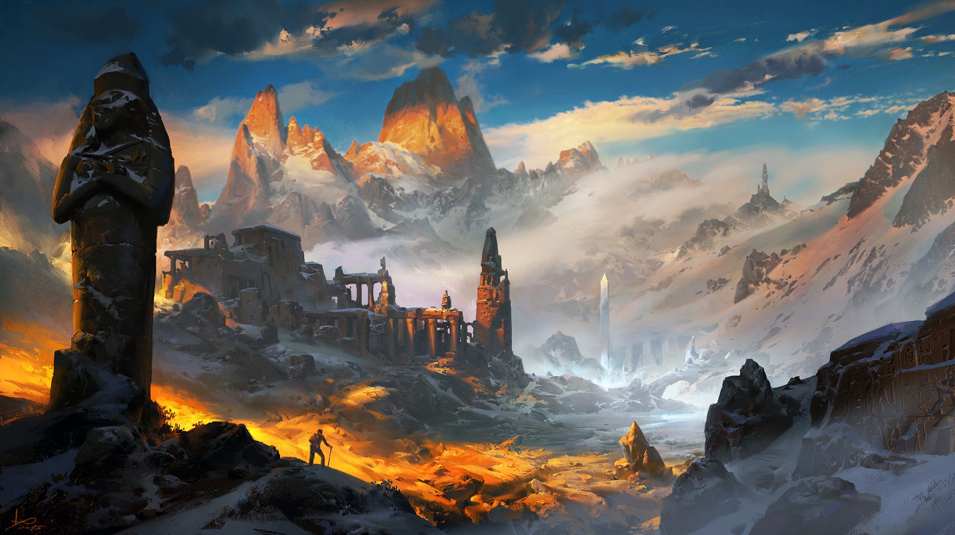 Fantasy landscape with ancient ruins and mountains HD Wallpaper