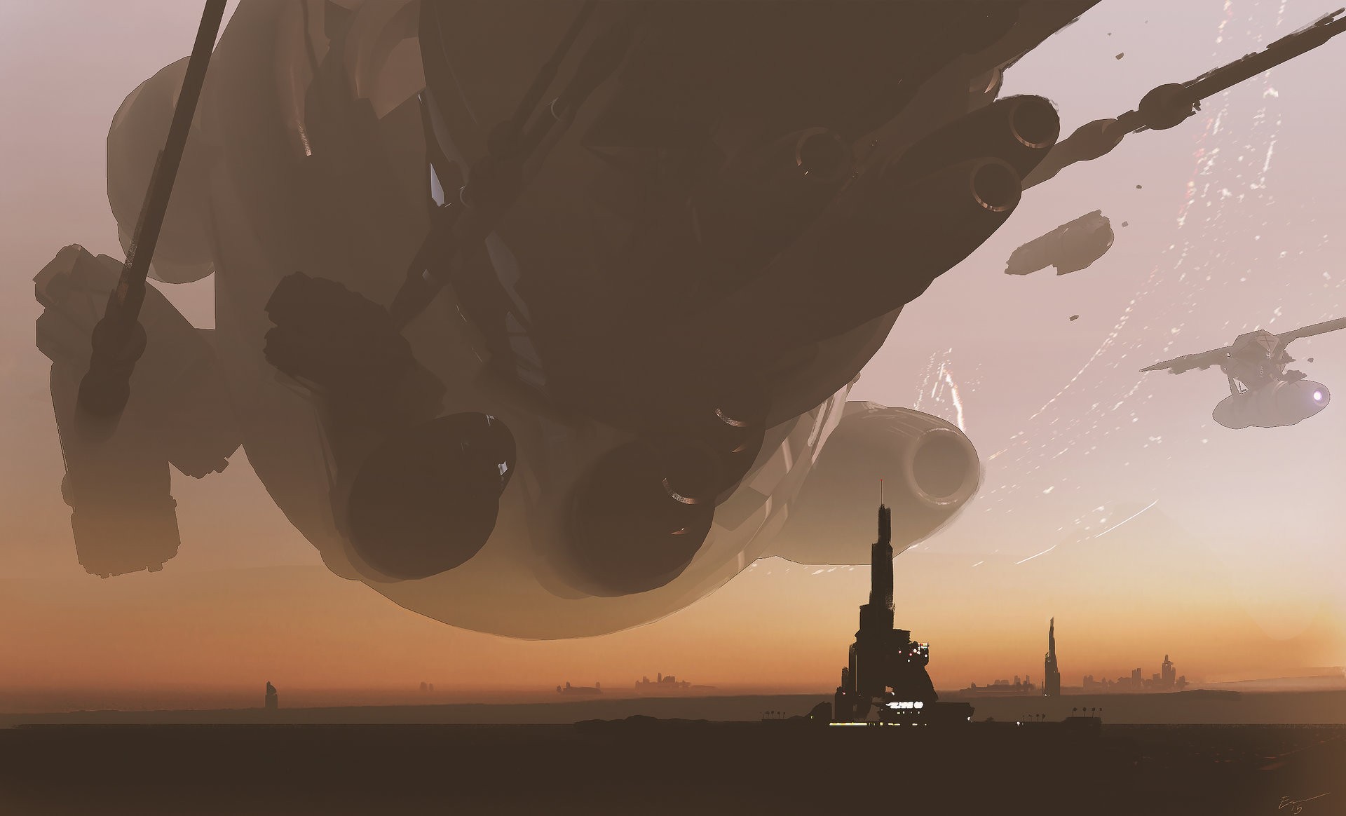 Spaceships flying over a futuristic planet landscape HD Wallpaper