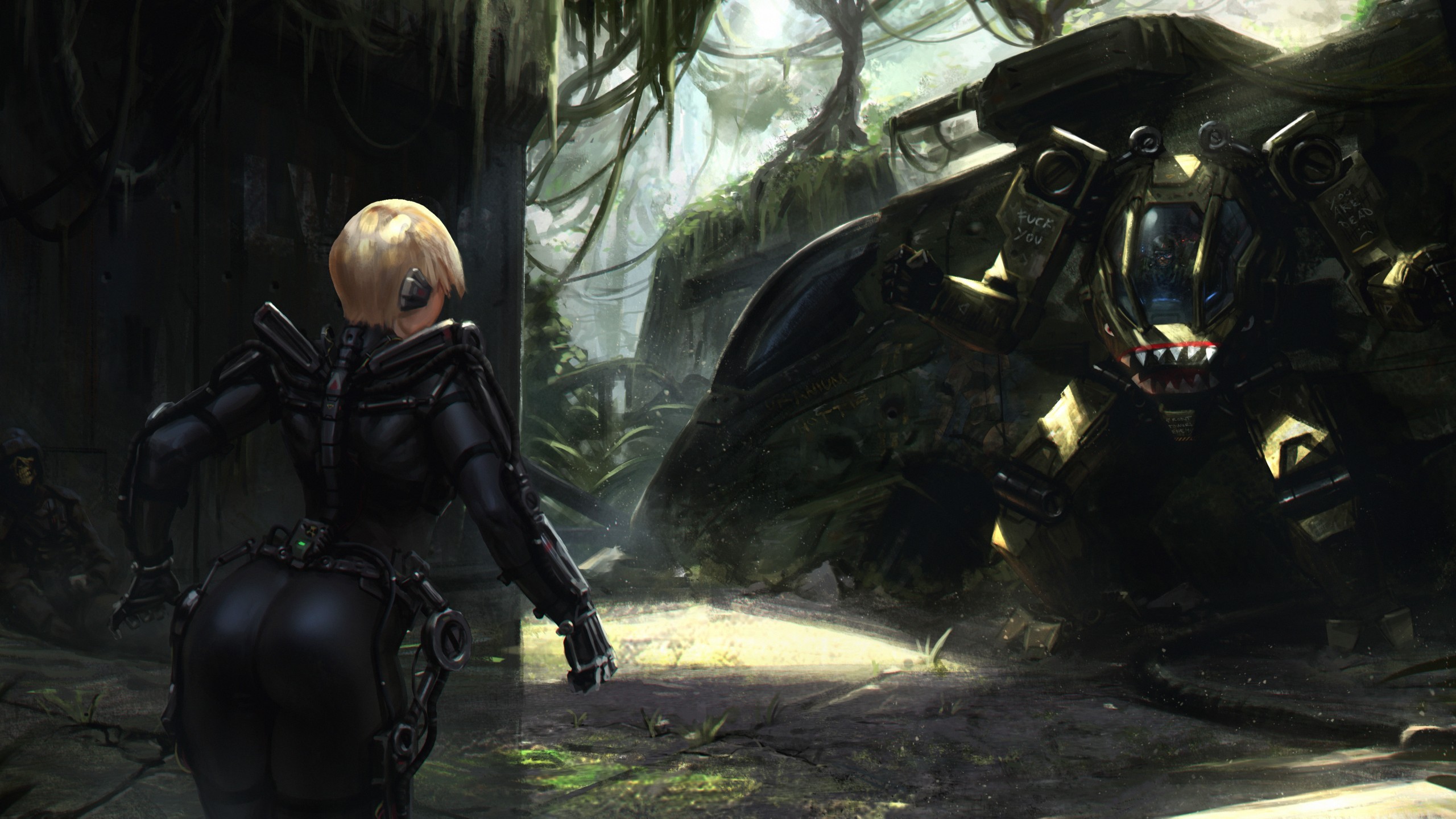 Woman in cybernetic suit facing a mech in a jungle HD Wallpaper