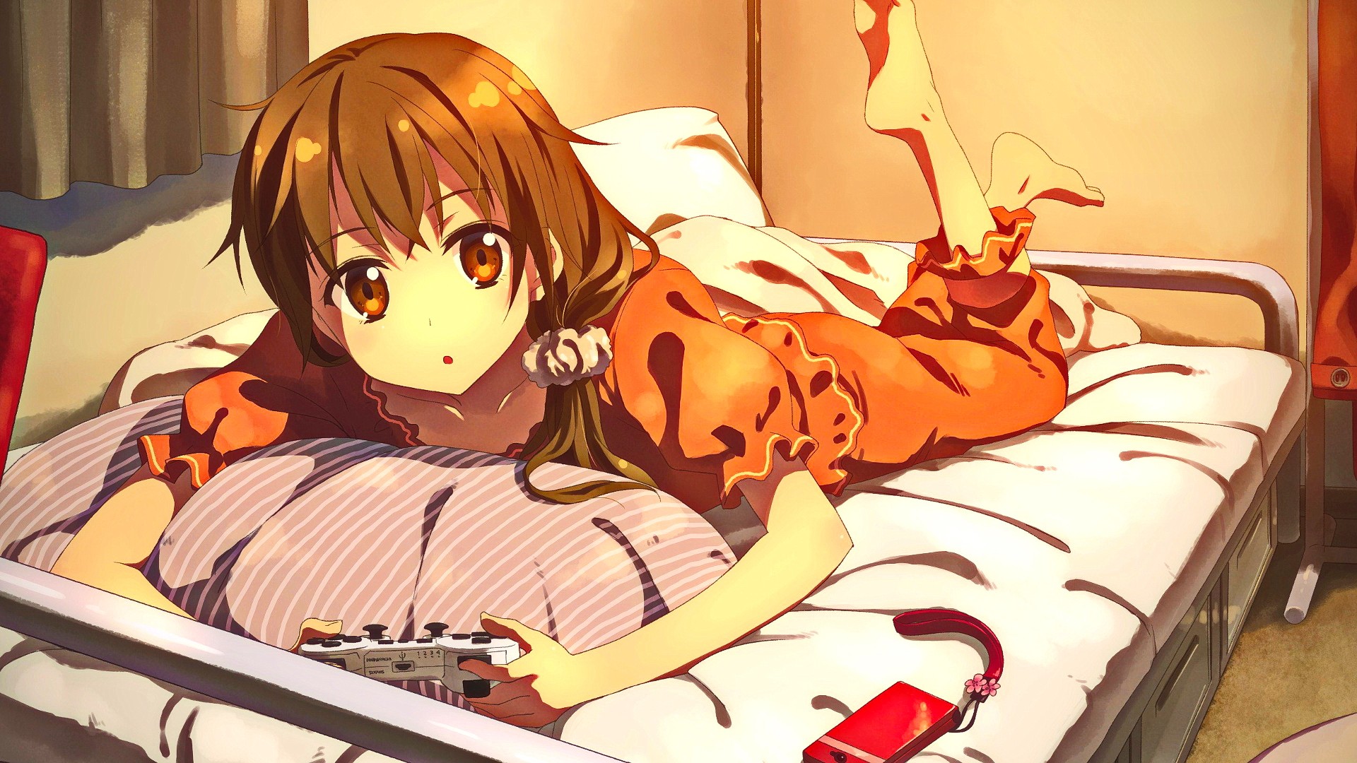 Anime girl playing PlayStation in bedroom HD Wallpaper