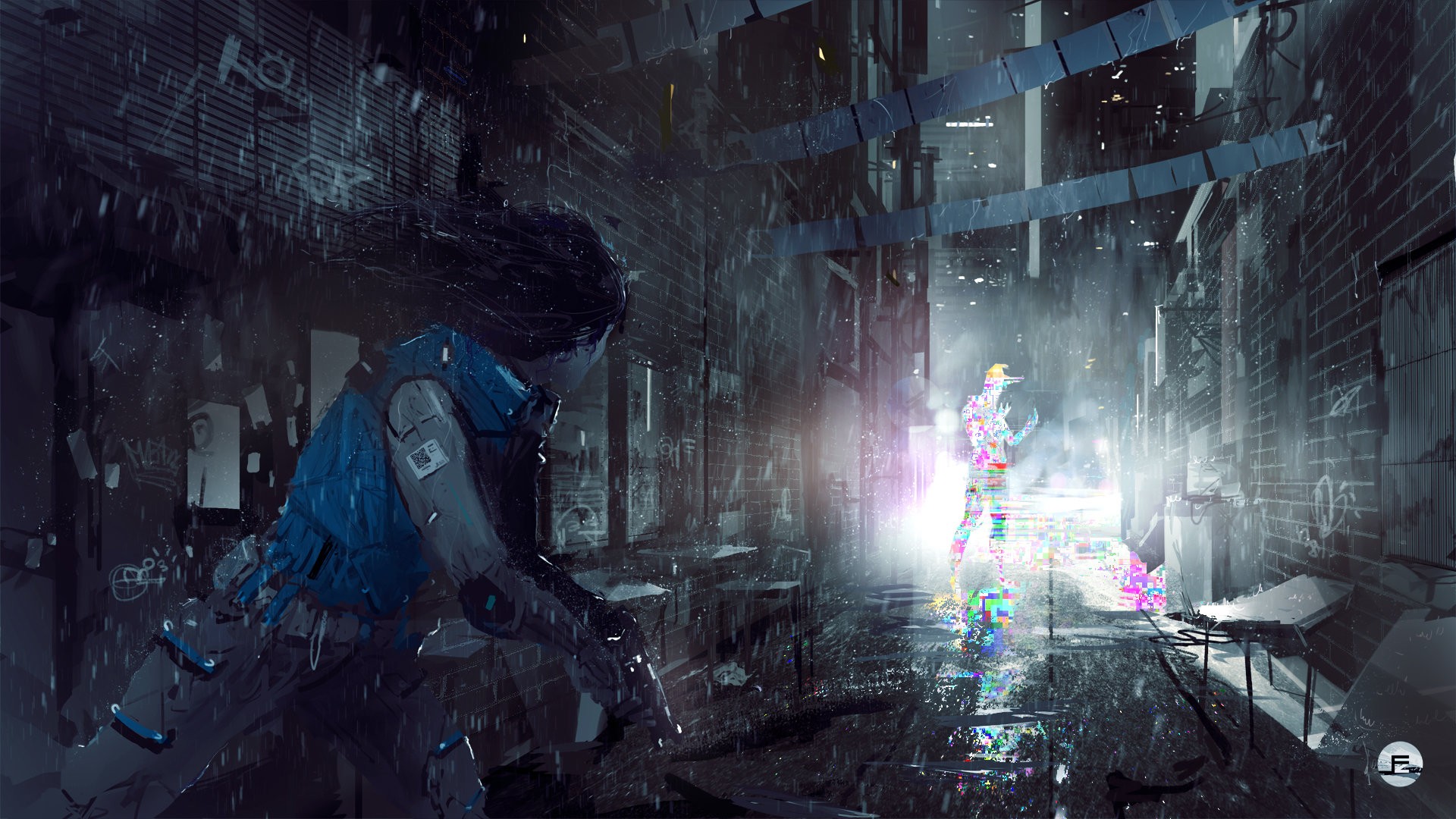 Futuristic digital art of a city alleyway HD Wallpaper