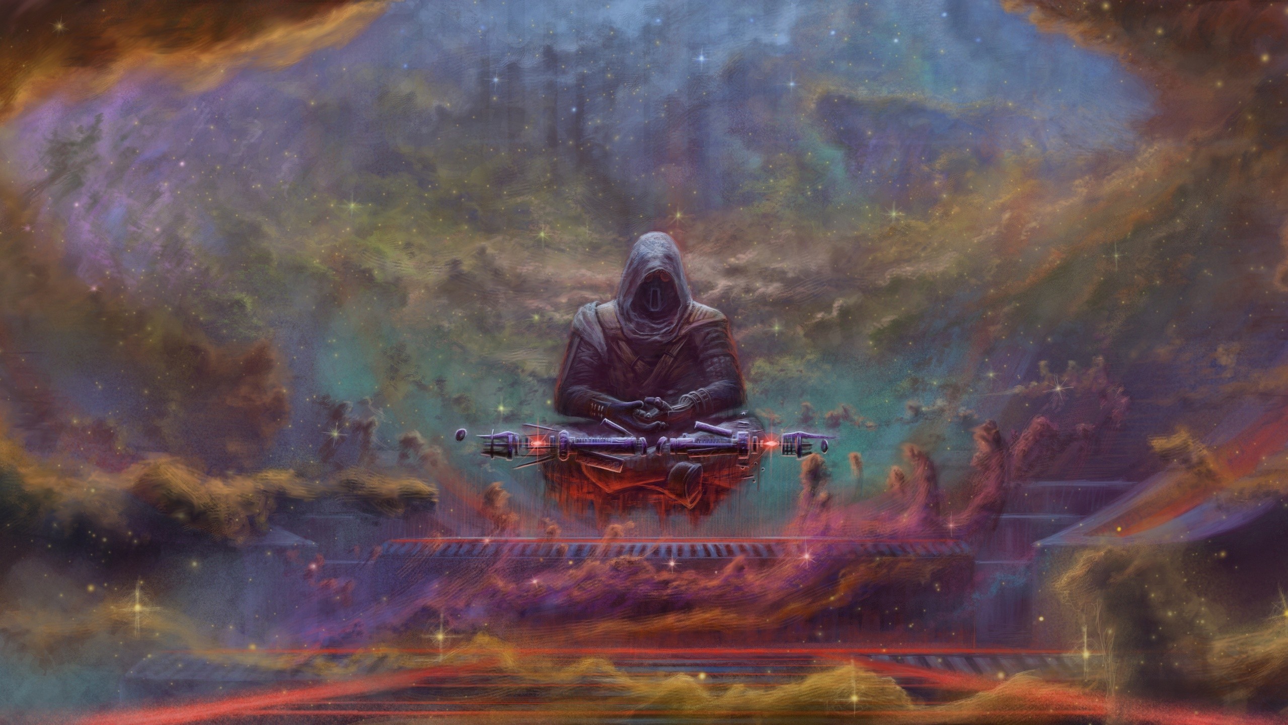 Sith meditating in a colorful nebula with a lightsaber HD Wallpaper