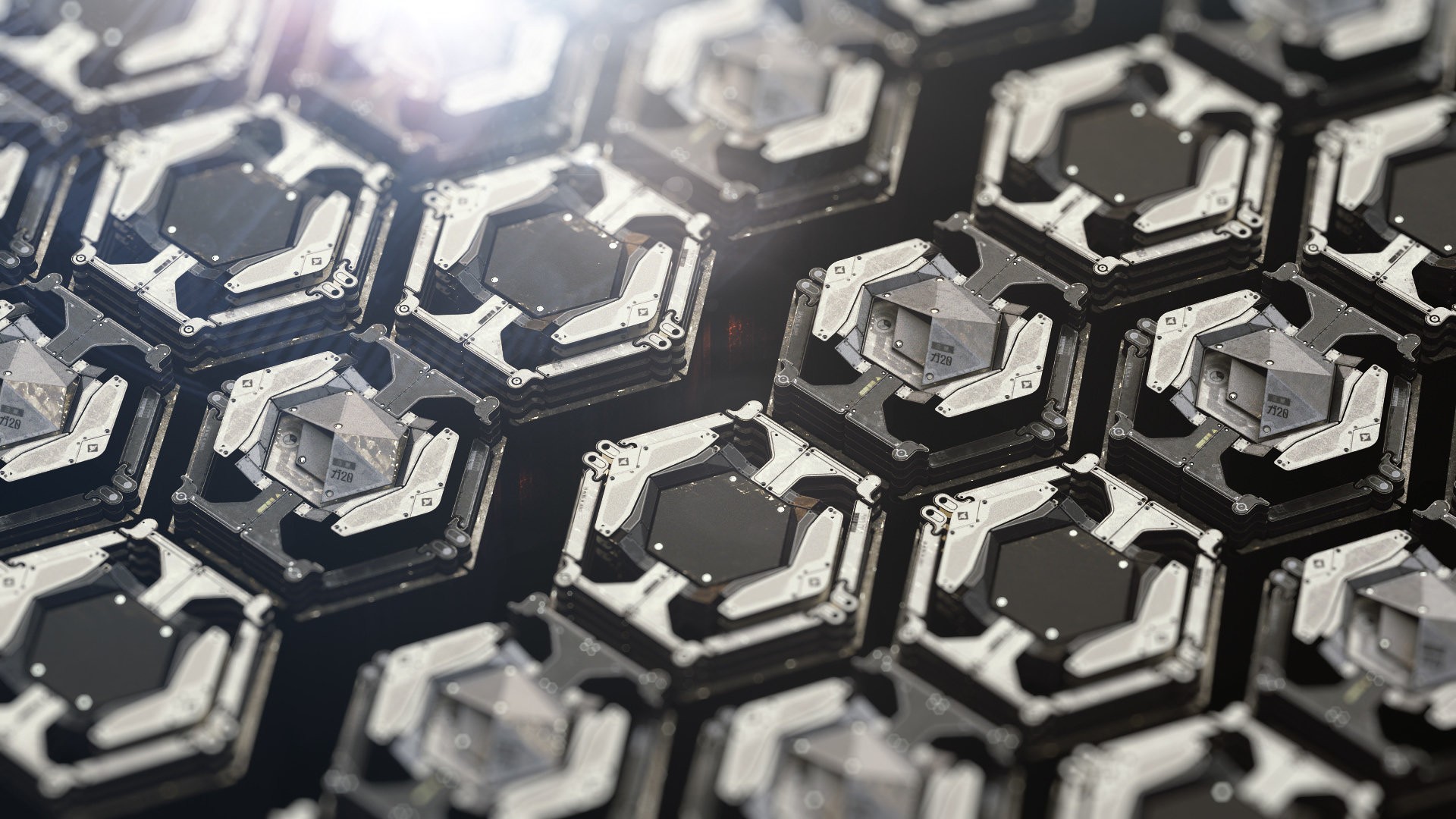 Hexagonal technology modules with metallic and black surfaces HD Wallpaper