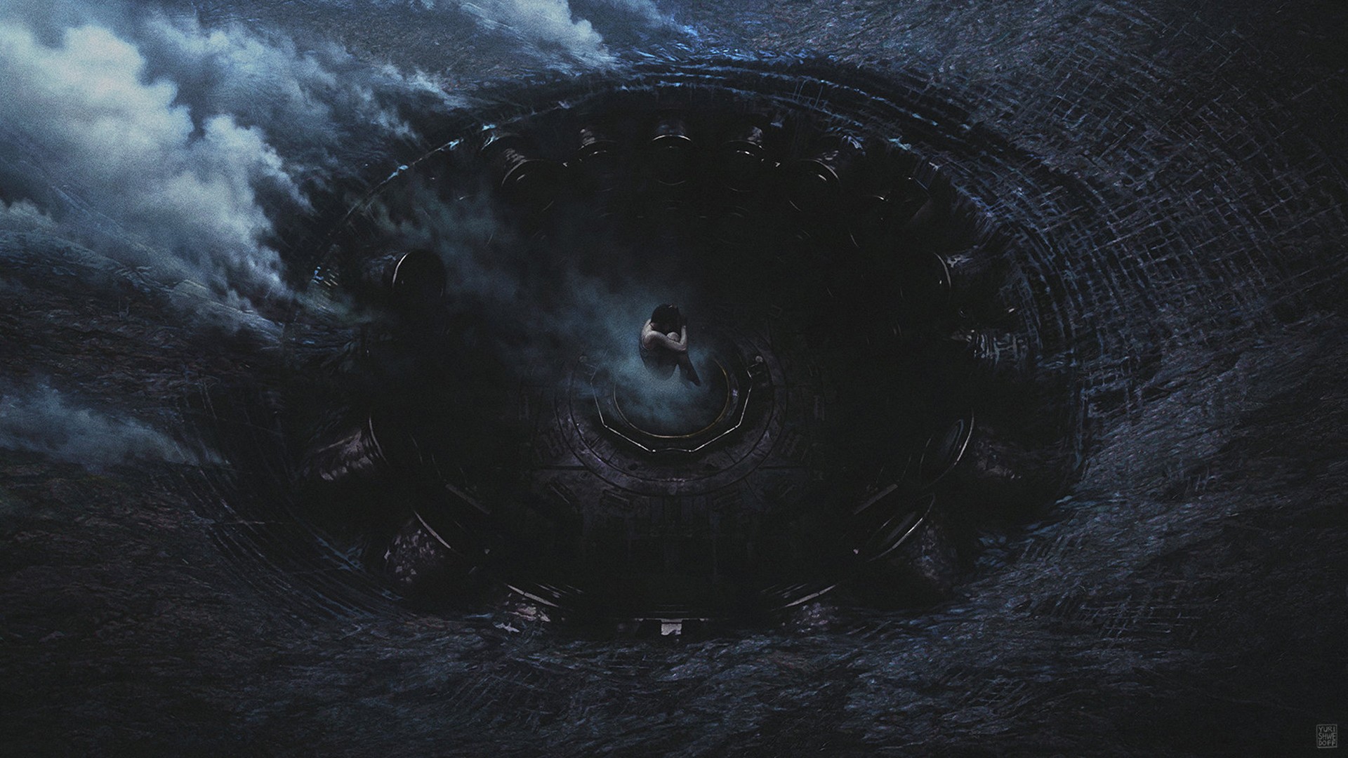 Woman in a dark circular structure in stormy water HD Wallpaper