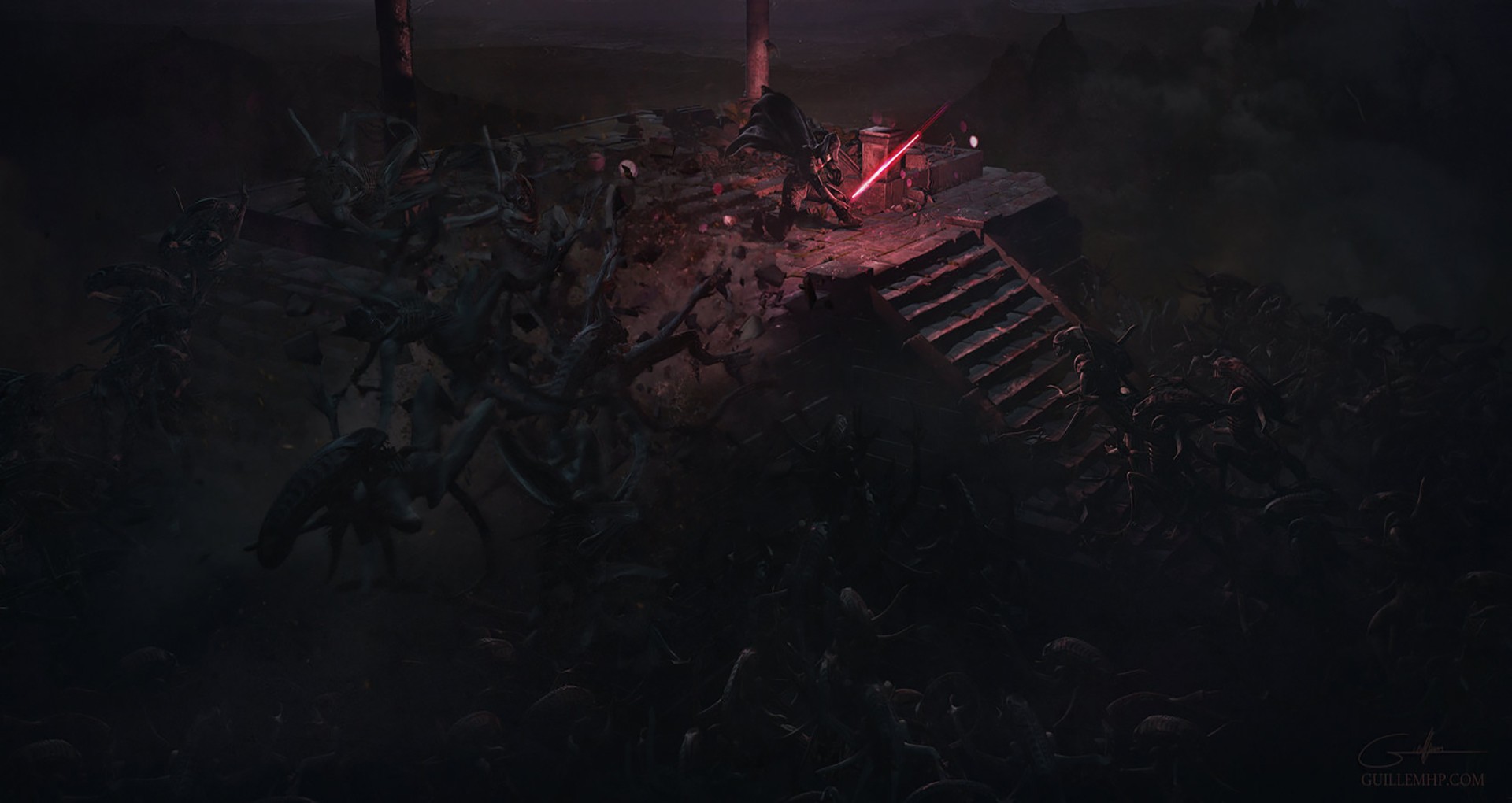 Sith Lord with Lightsaber fighting Aliens HD Wallpaper