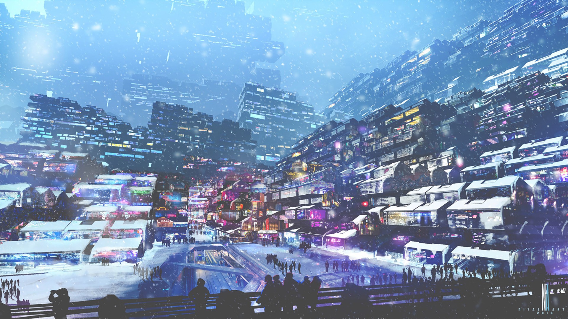 Futuristic cyberpunk city in winter with snow and lights HD Wallpaper
