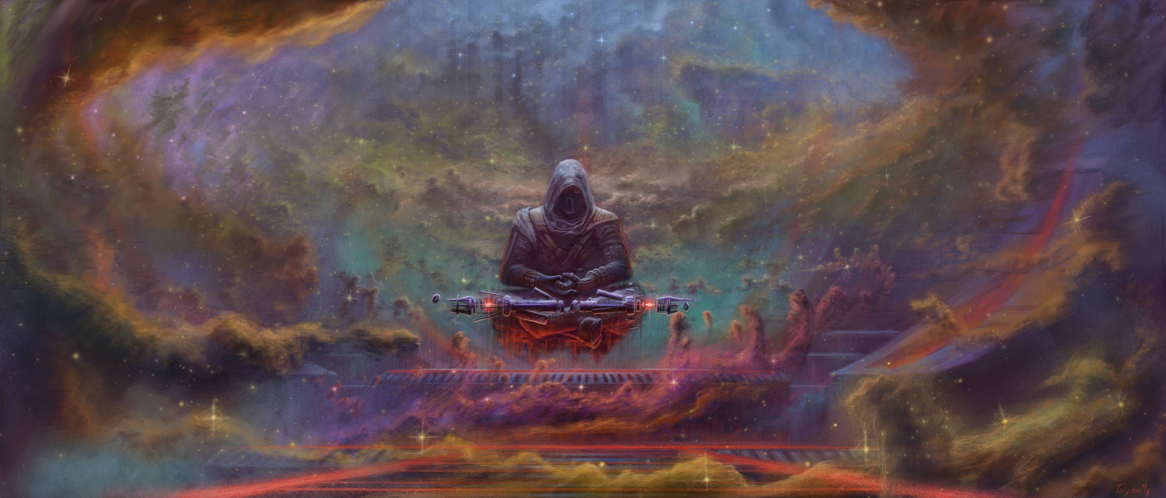 Sith meditating in a nebula HD Wallpaper