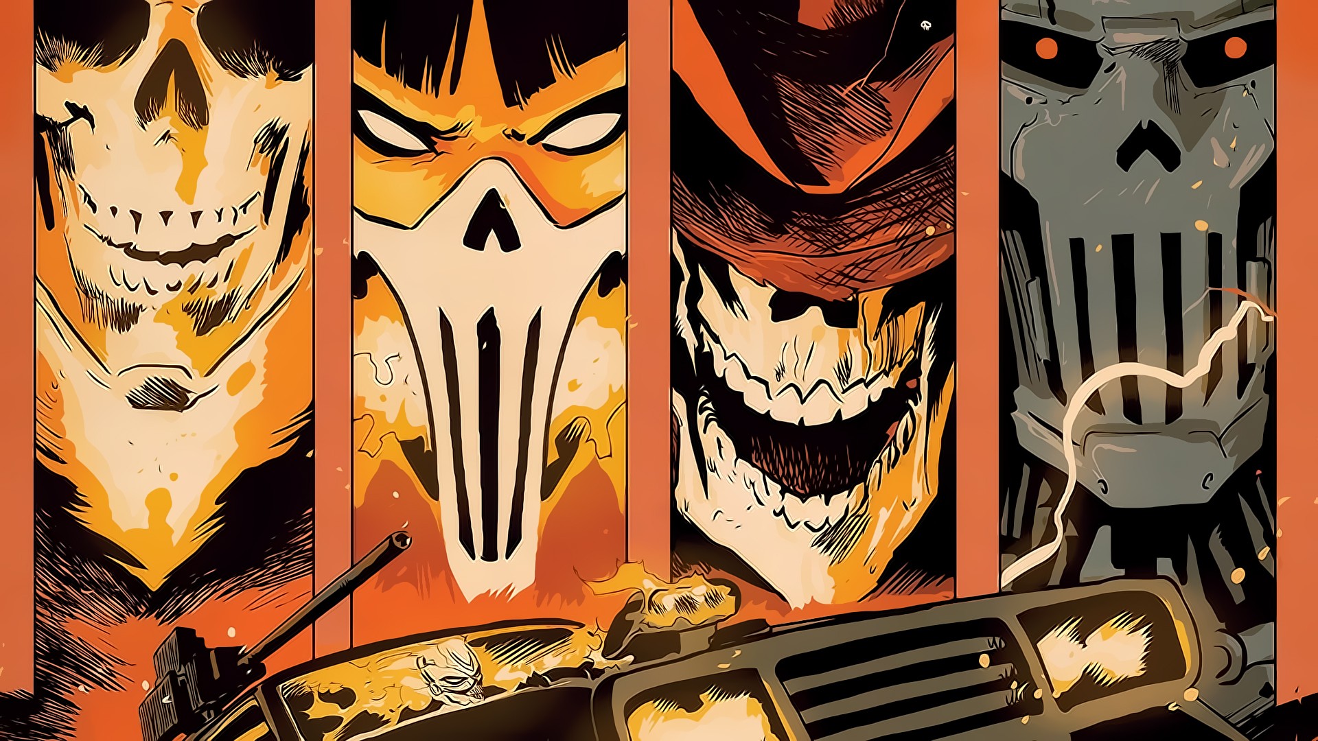 Four skull-faced characters and a vehicle HD Wallpaper
