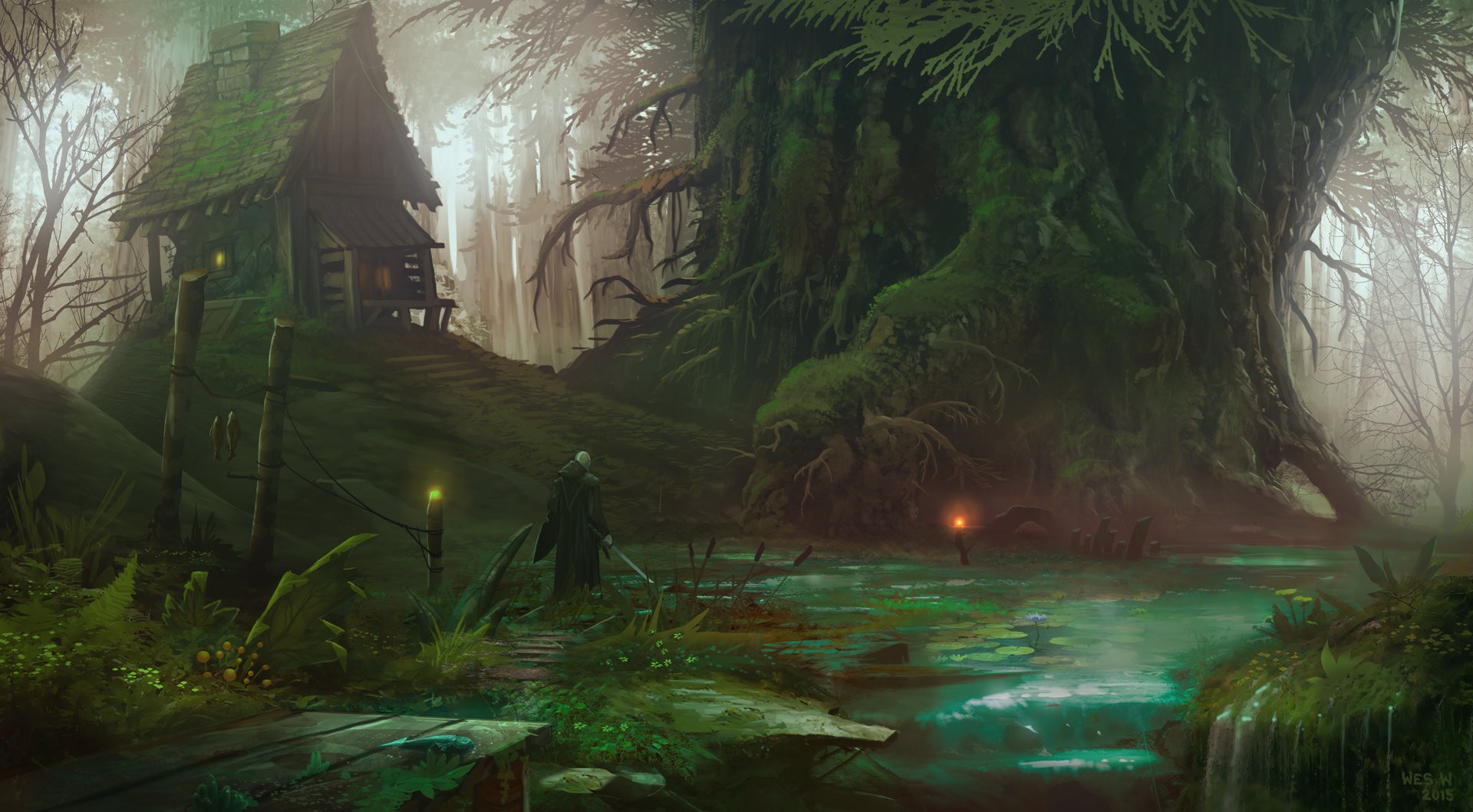 Fantasy art of a lone figure by a swamp house HD Wallpaper
