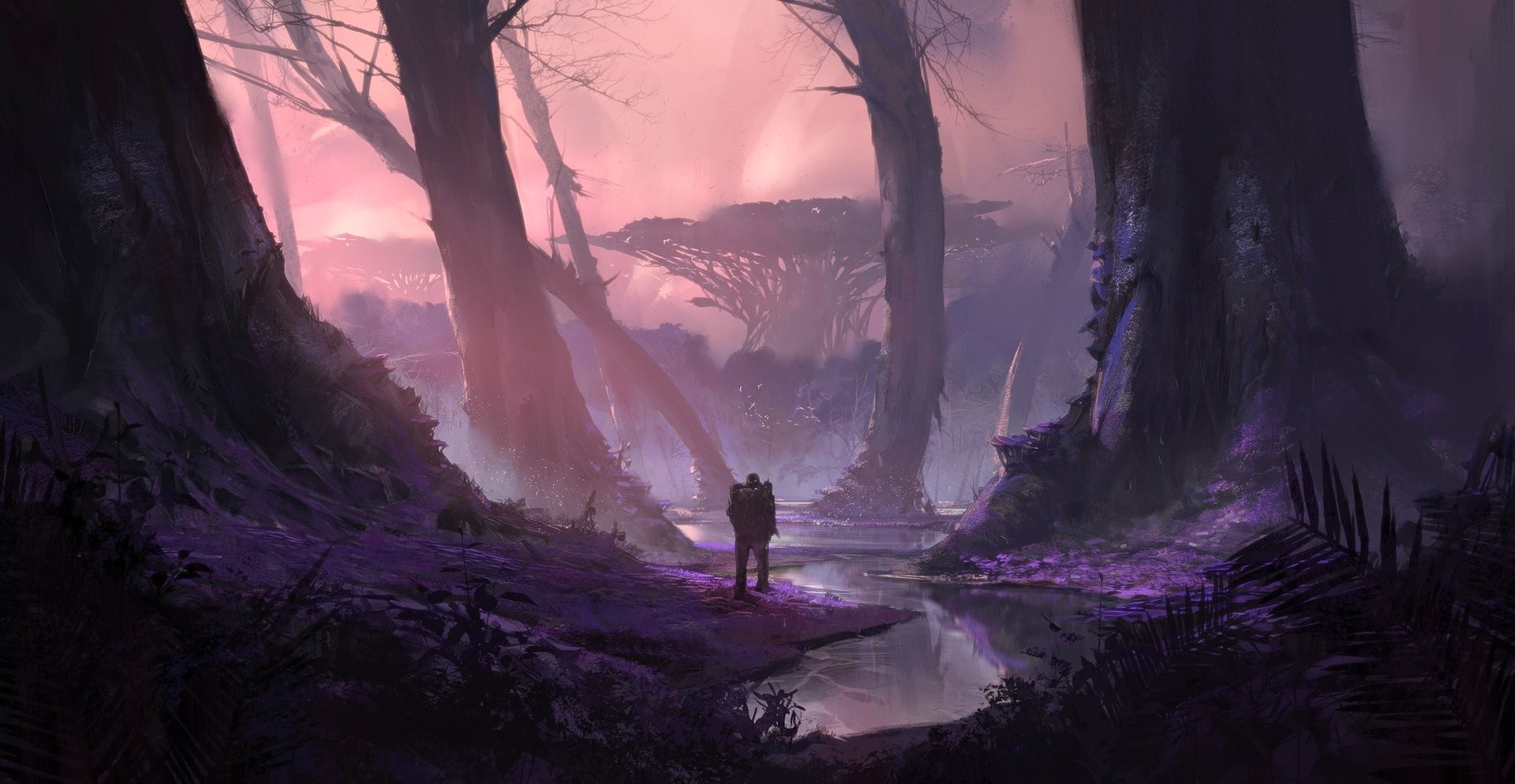 Fantasy art of a lone figure in a surreal forest HD Wallpaper