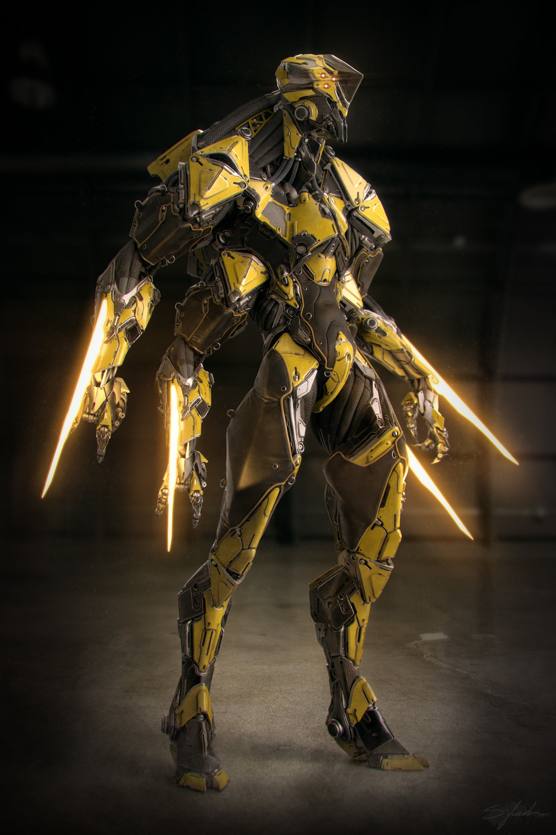 Yellow and black futuristic robot with glowing blades HD Wallpaper
