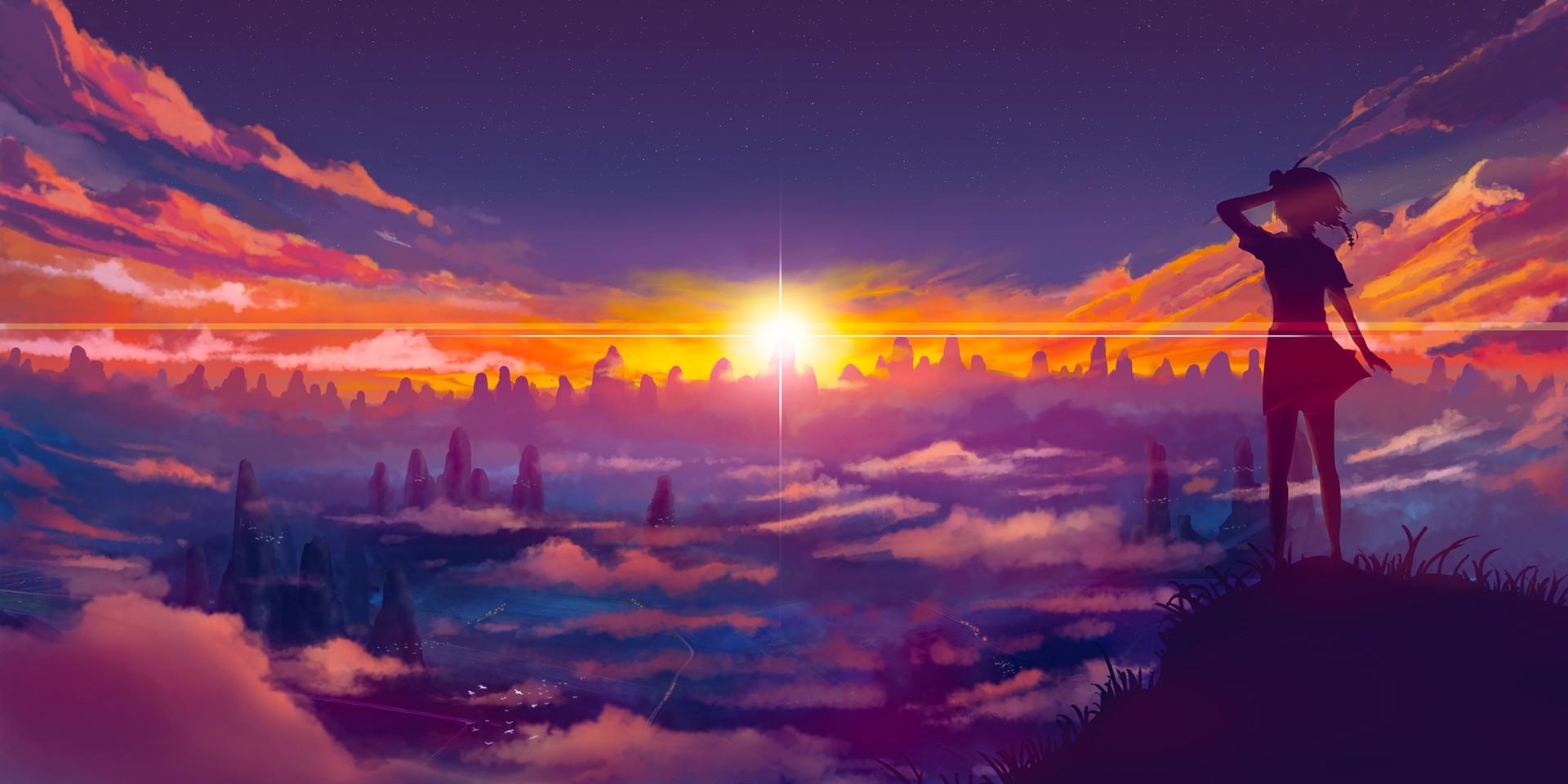 Anime girl watching a vibrant sunset over a misty landscape HD Wallpaper