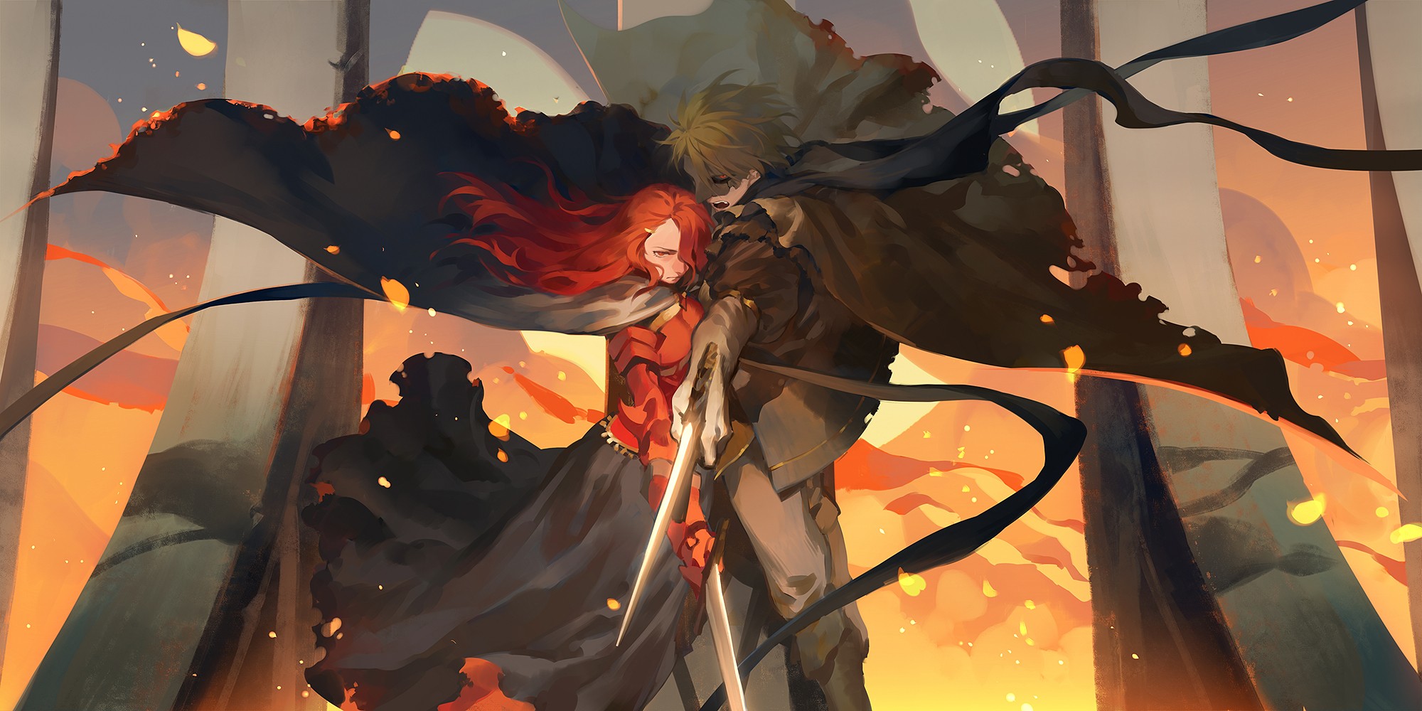 Redhead woman and masked man with swords HD Wallpaper