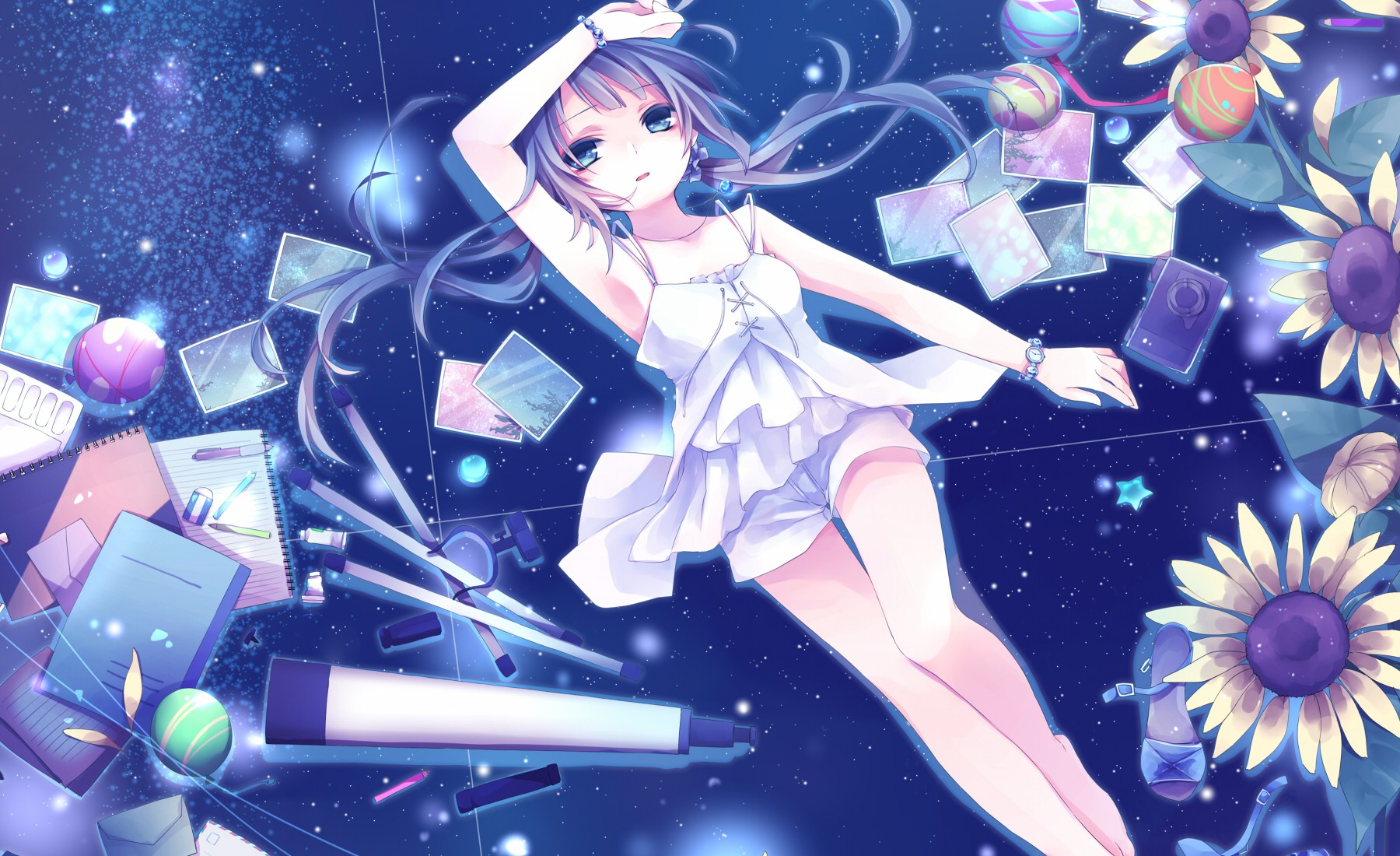 Anime girl with long hair wearing shorts in space HD Wallpaper