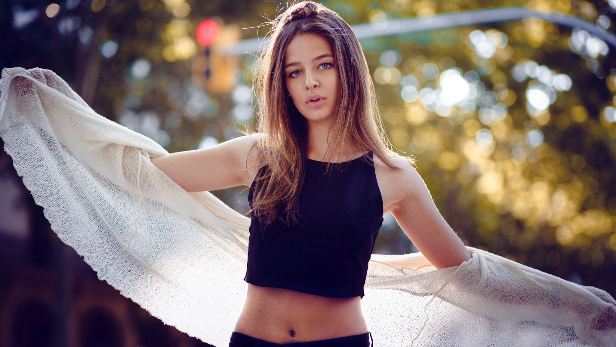 Woman in black crop top holding a scarf HD Wallpaper