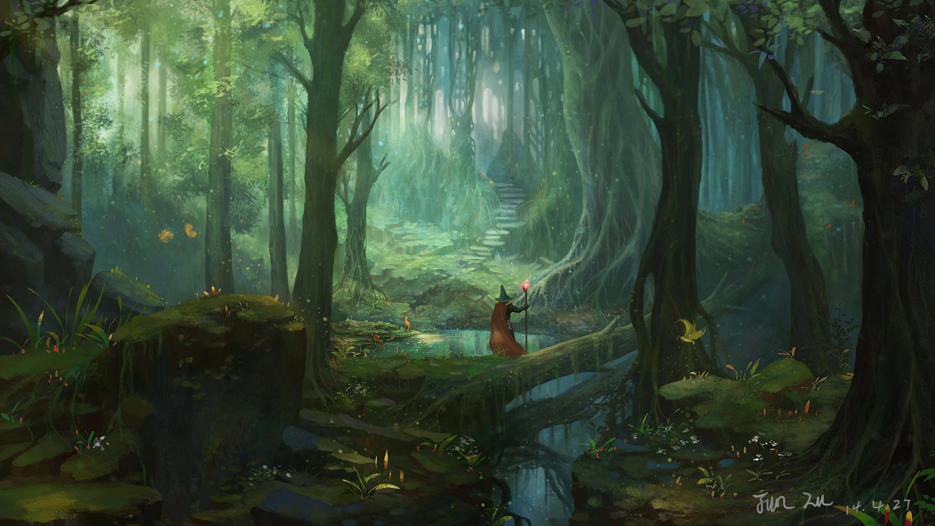 Wizard in a fantasy forest with stairs HD Wallpaper