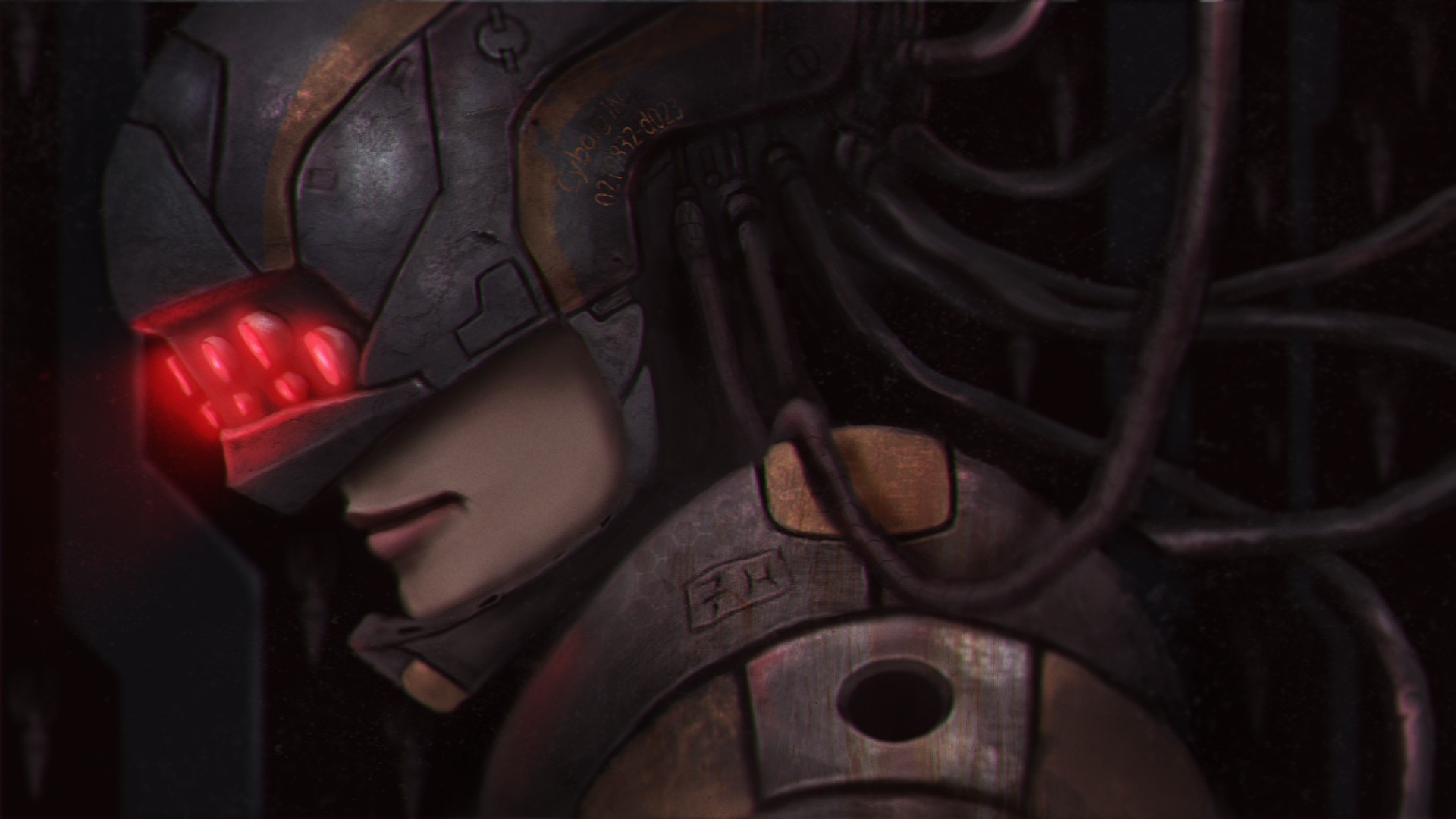 Cyborg woman with glowing red eyes and helmet HD Wallpaper