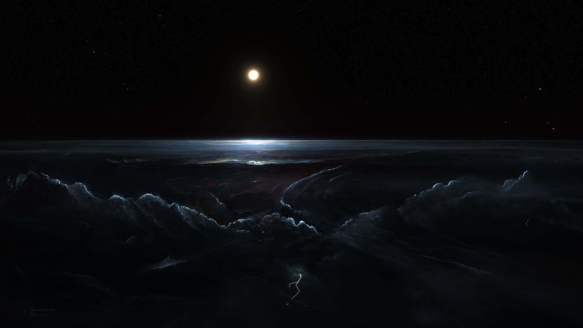 Artwork of Earth at night with moon and stars HD Wallpaper