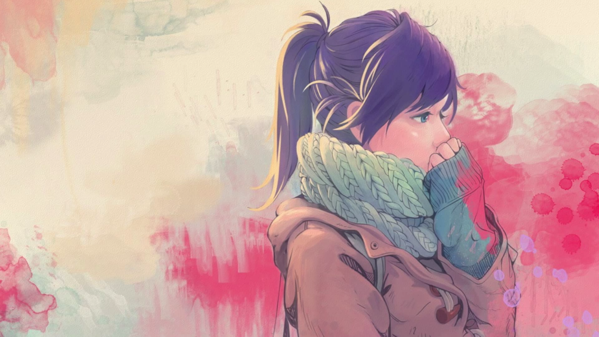 Anime girl with purple hair and blue eyes in winter clothes HD Wallpaper