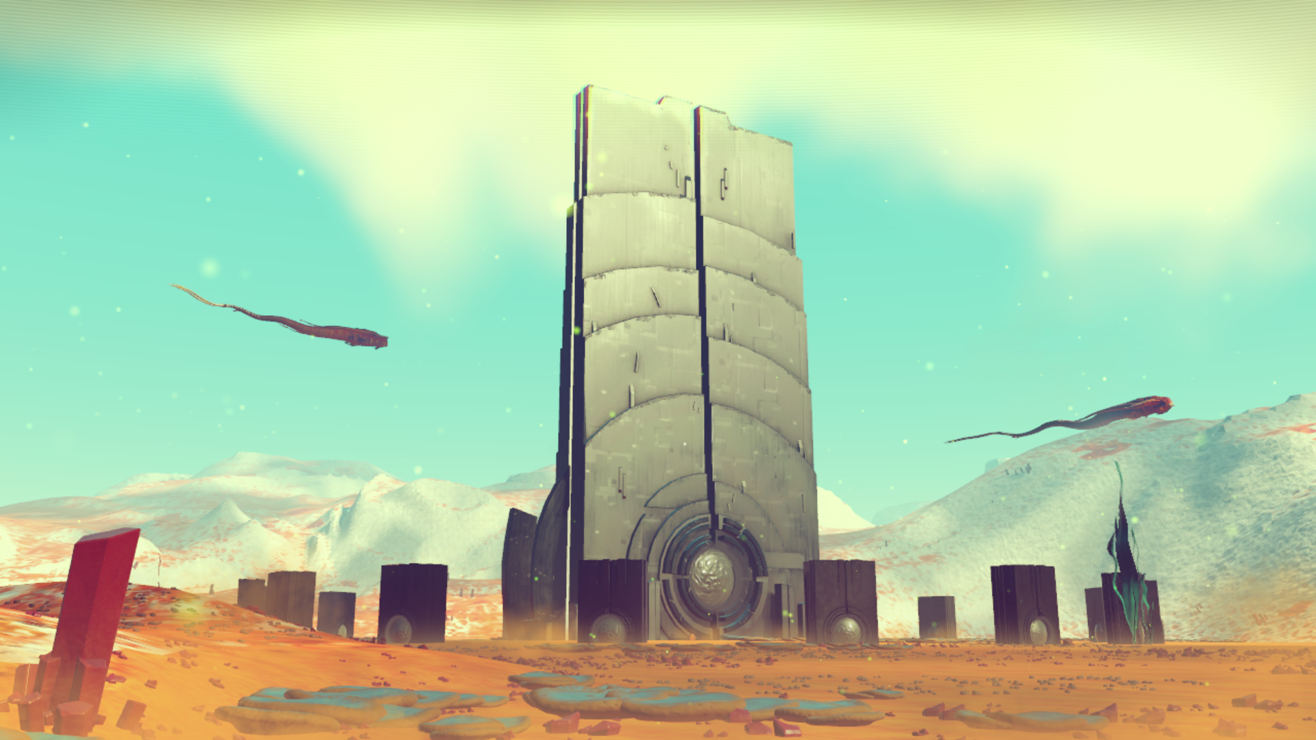 No Man's Sky alien monolith and creatures HD Wallpaper
