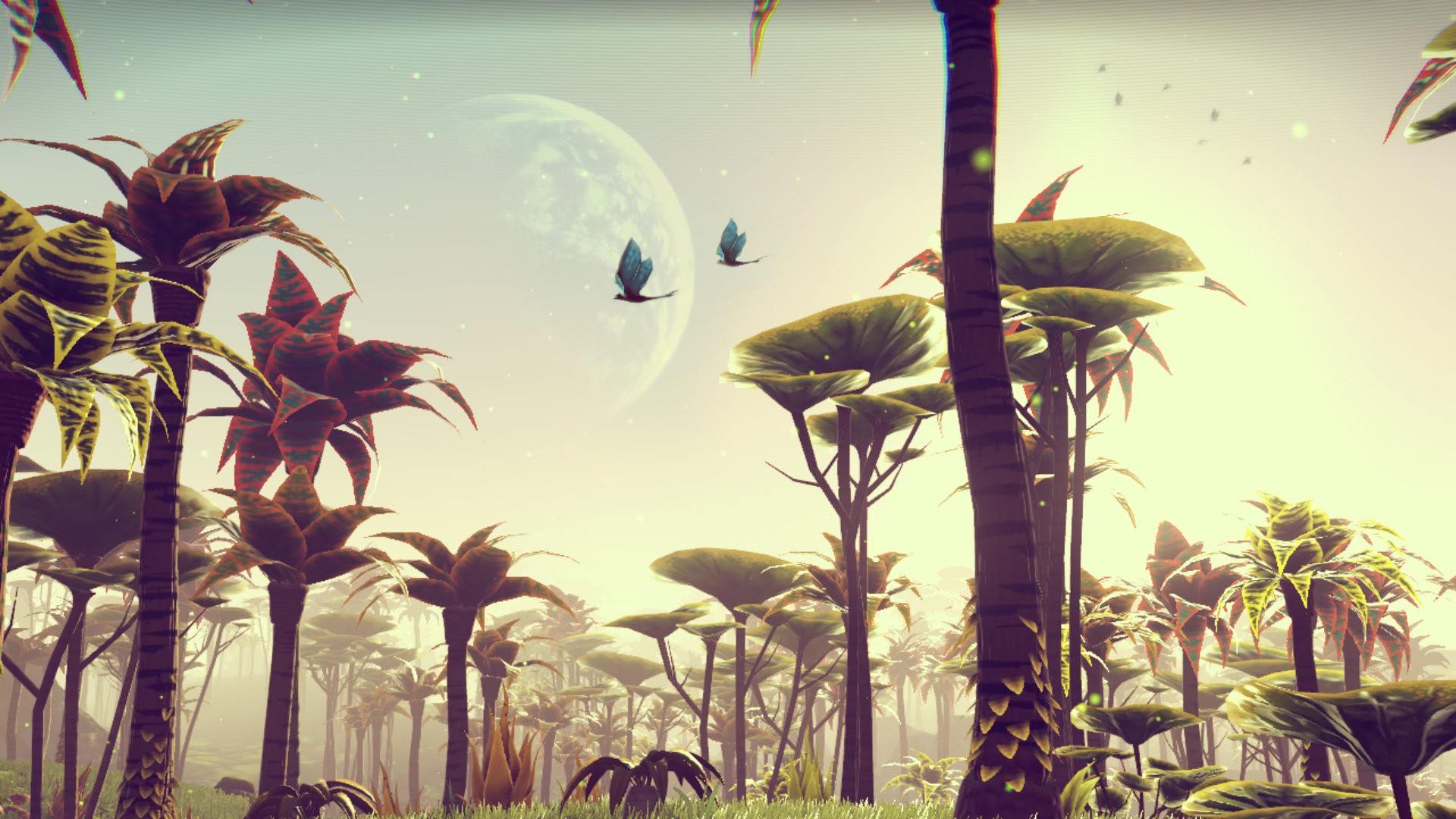 No Man's Sky alien planet landscape with flying creatures HD Wallpaper