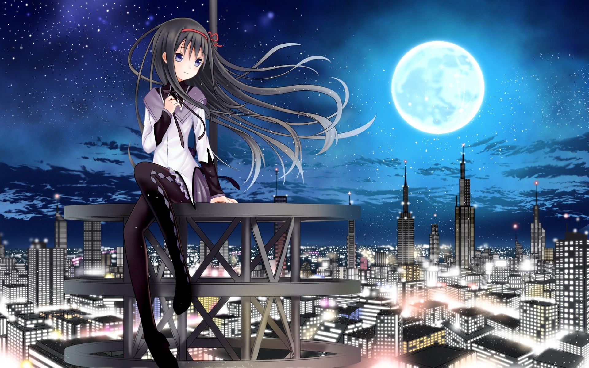 Akemi Homura sitting on a platform overlooking a city at night HD Wallpaper
