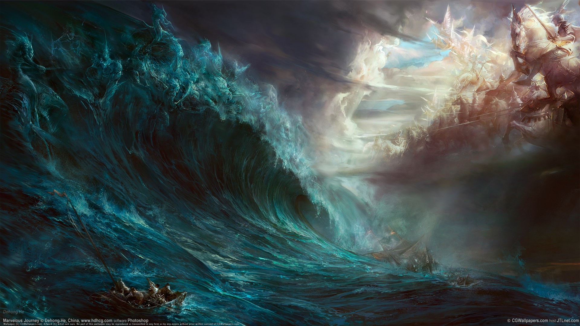 Fantasy art of a massive wave and a celestial battle HD Wallpaper