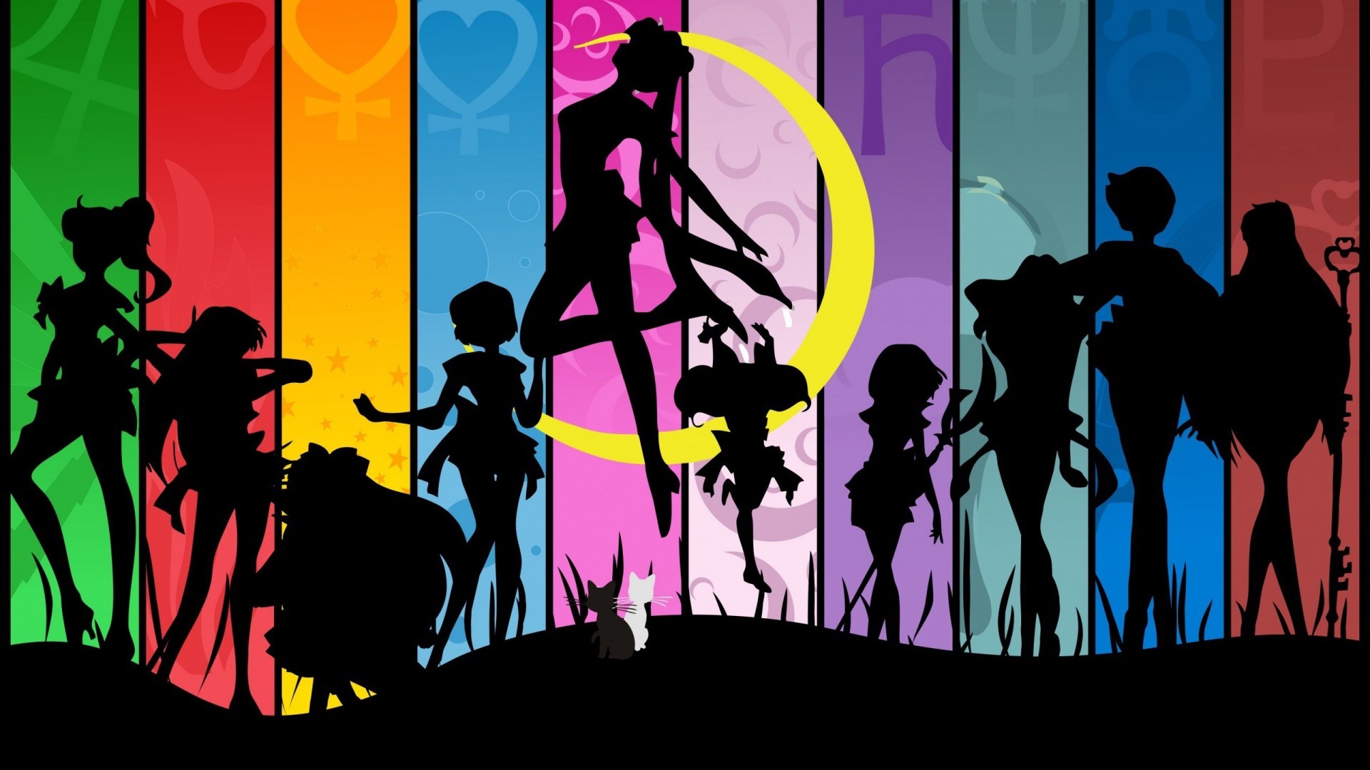 Sailor Moon characters silhouette with colorful background HD Wallpaper