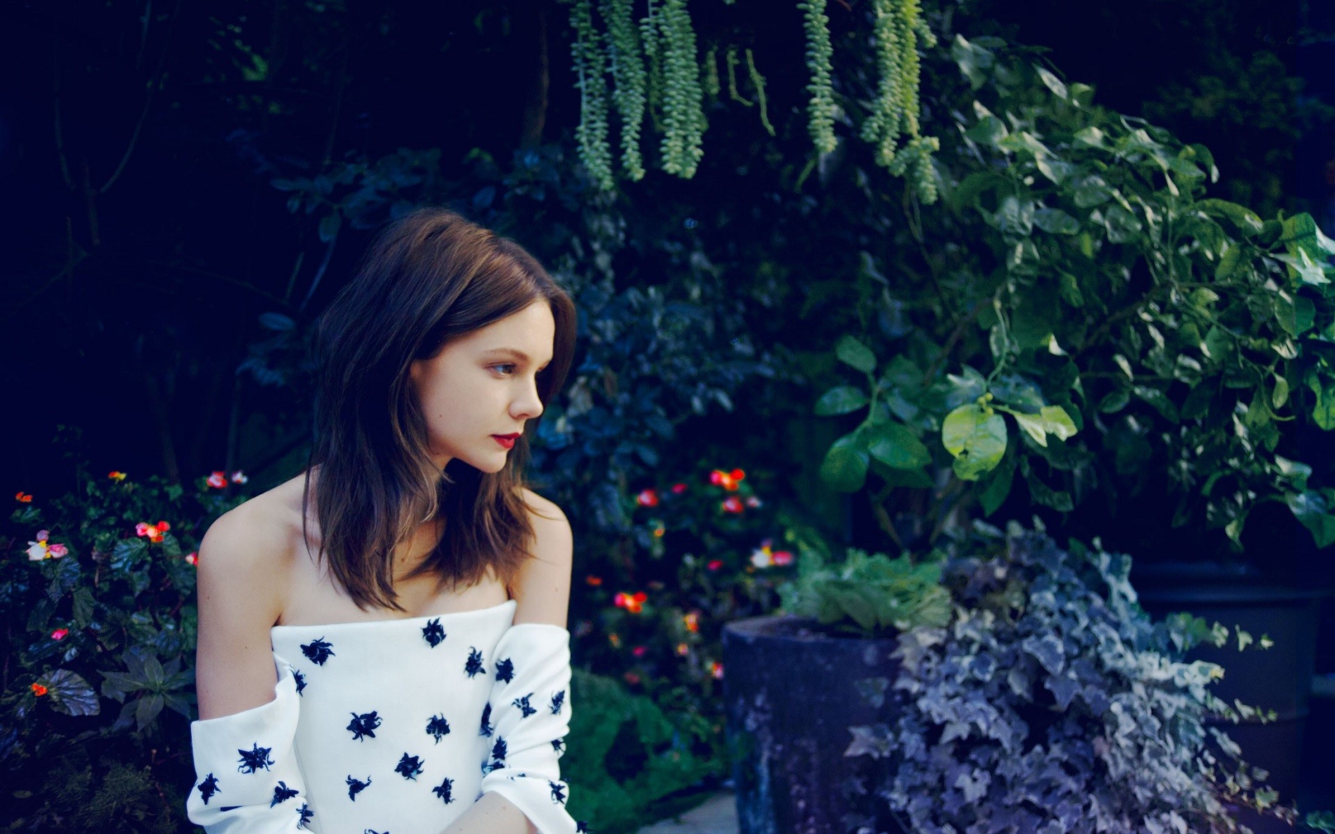 Carey Mulligan in a strapless dress with floral print HD Wallpaper
