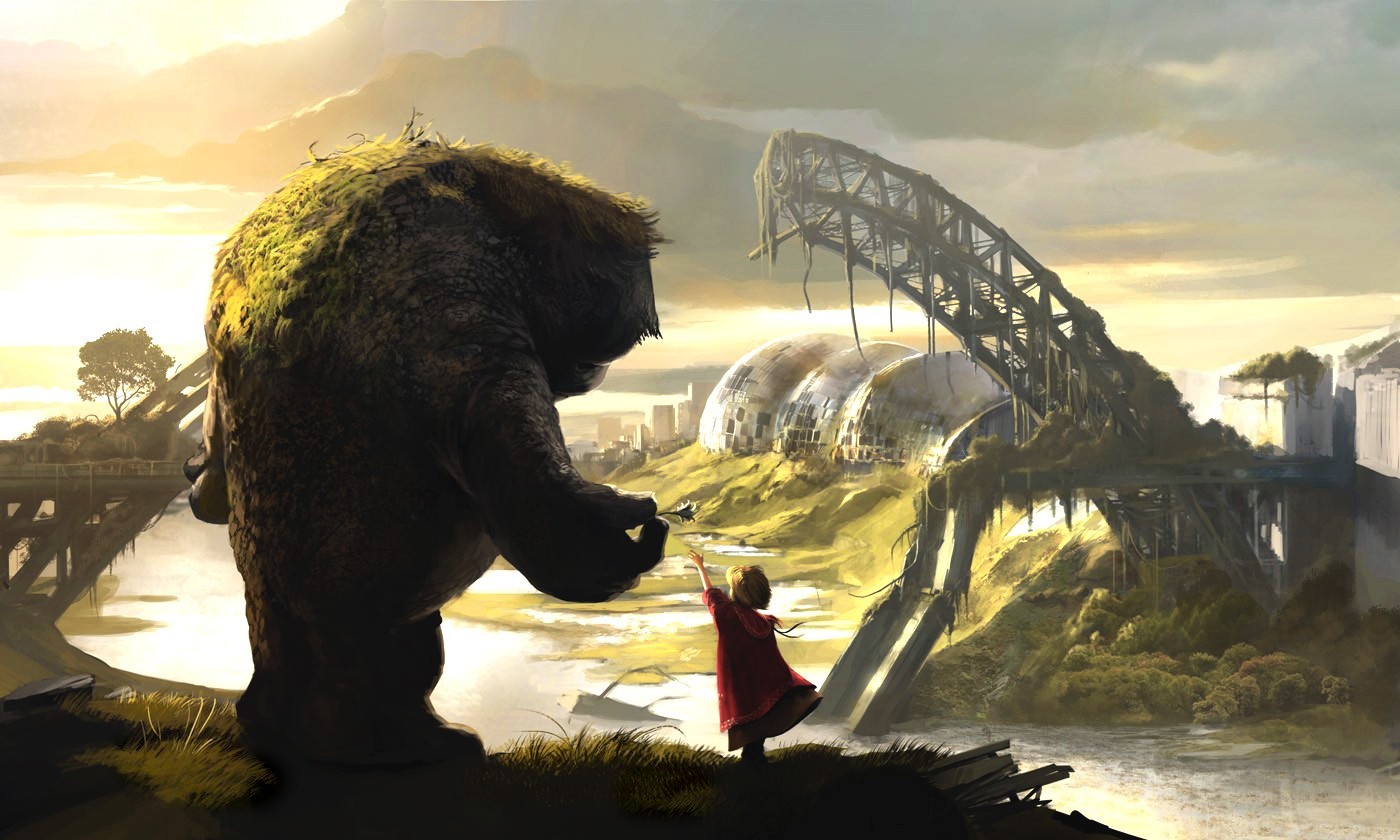 Giant creature and child in a post-apocalyptic landscape HD Wallpaper