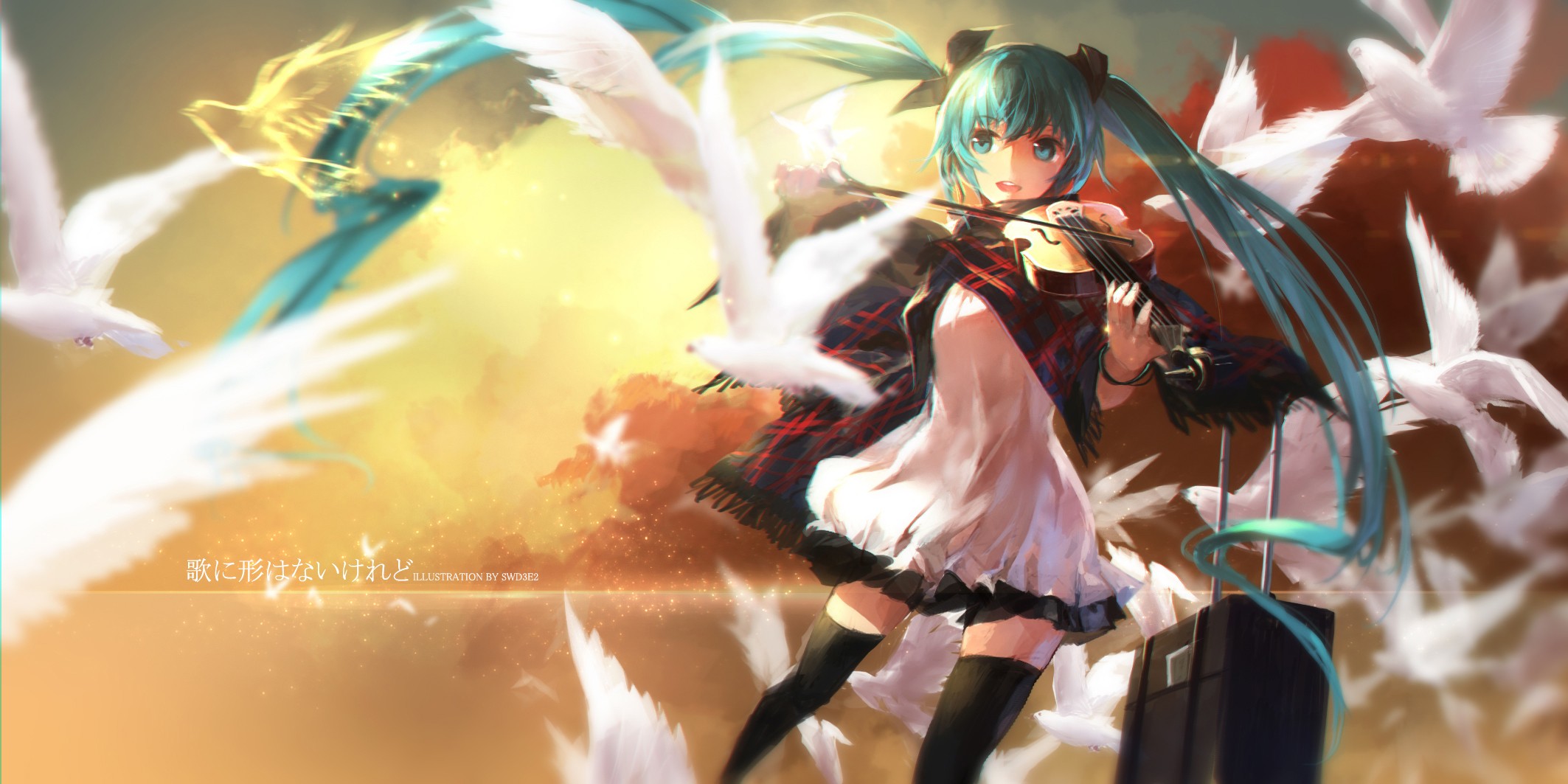 Hatsune Miku playing violin with birds and dragon HD Wallpaper