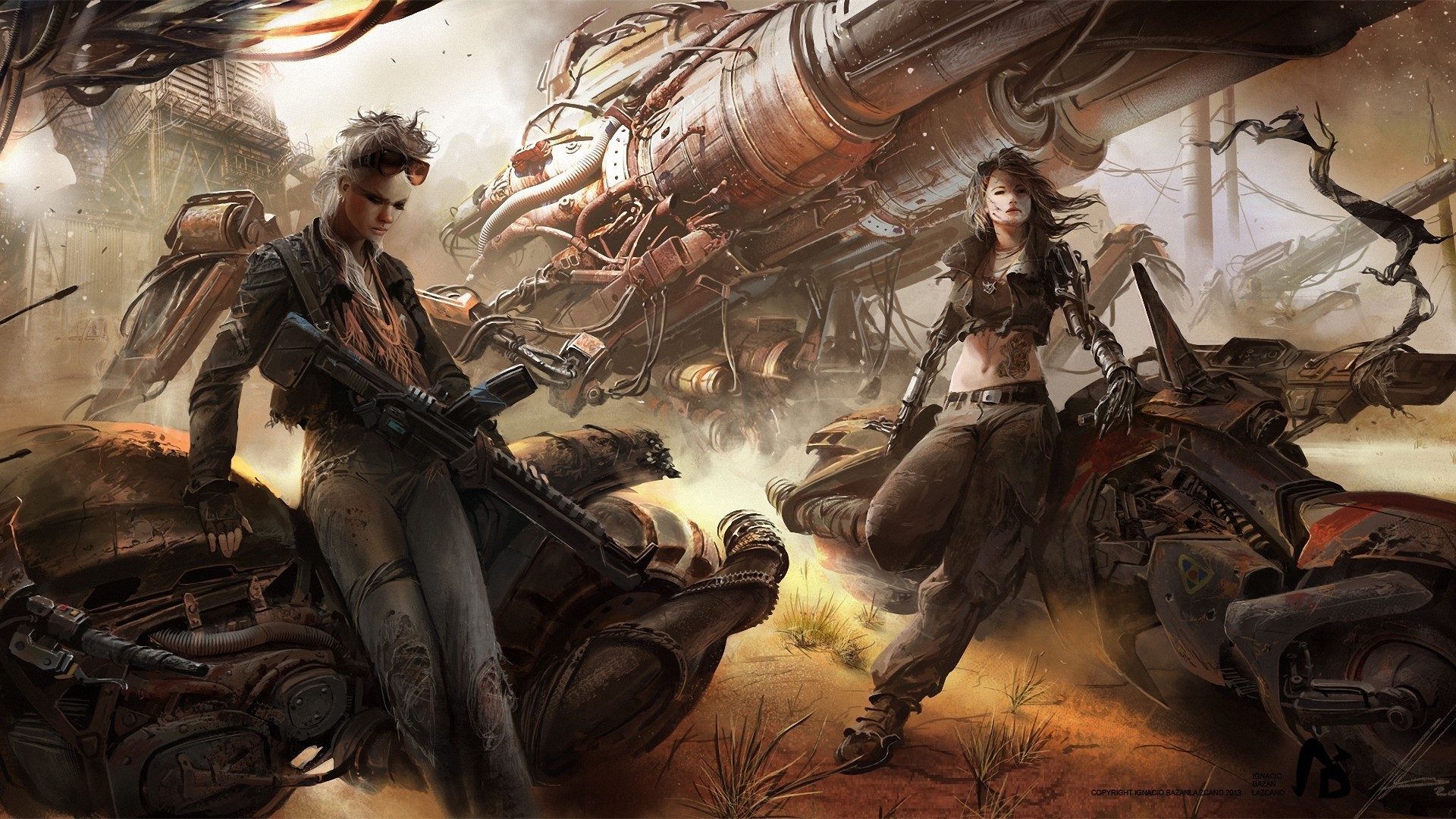 Two women with weapons and motorcycles in an apocalyptic setting HD Wallpaper
