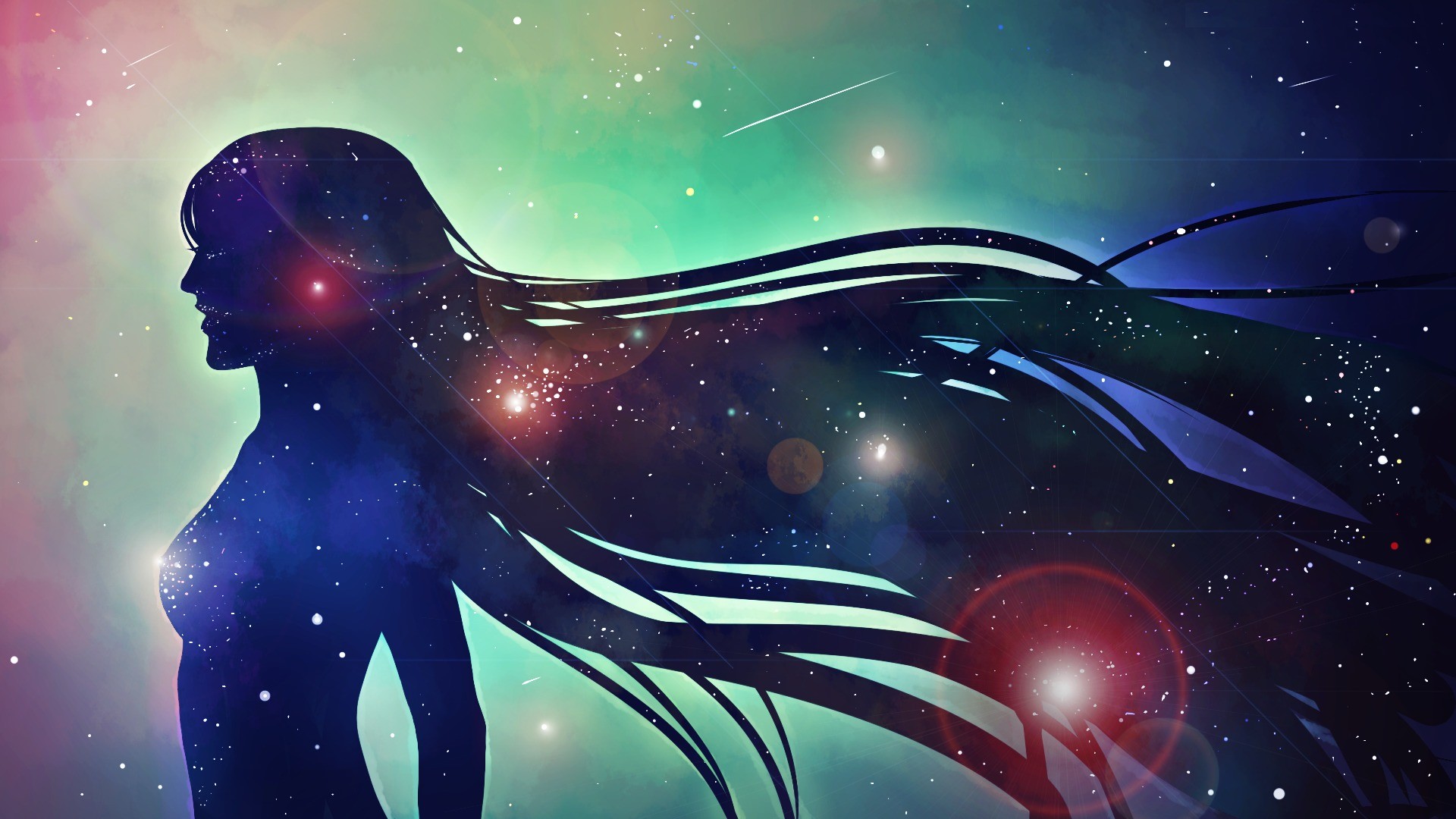 Woman with galaxy hair in colorful nebula HD Wallpaper