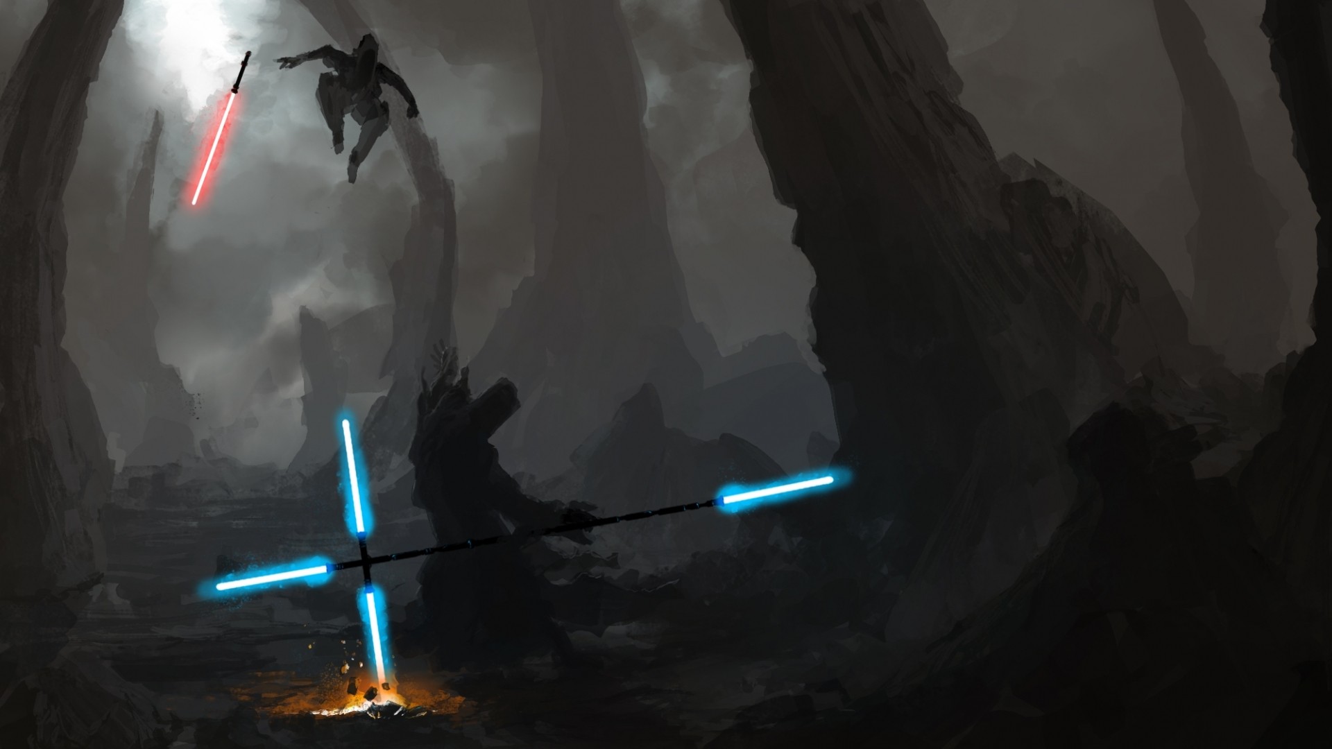 Star Wars: Jedi and Sith duel with lightsabers HD Wallpaper