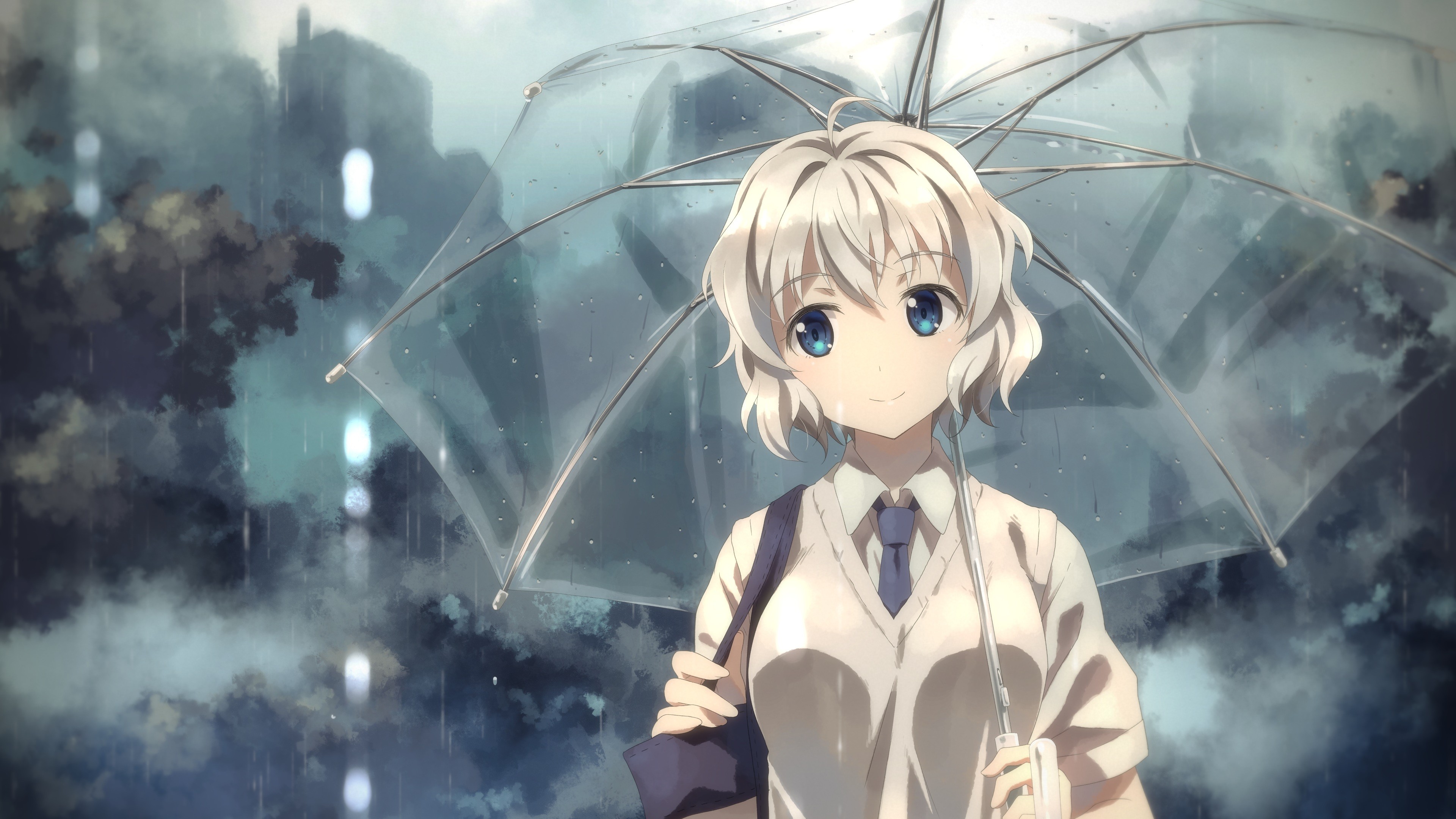 Anime girl with blue eyes holding an umbrella in the rain HD Wallpaper
